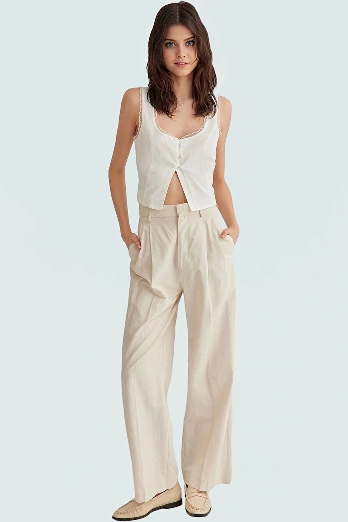 Flamlı Pamuk Dokuma Bluz Basic Kolsuz Kare Yaka Crop Fitted Rahat Kullanım Ve Şık