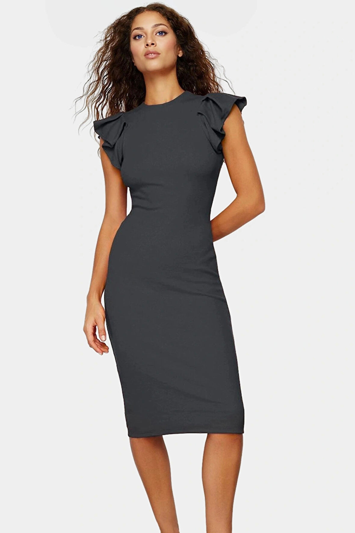 Esnek Örme Midi Elbise Bodycon Kesim Volanlı Kollarla Şık Tasarım Trend Konforlu