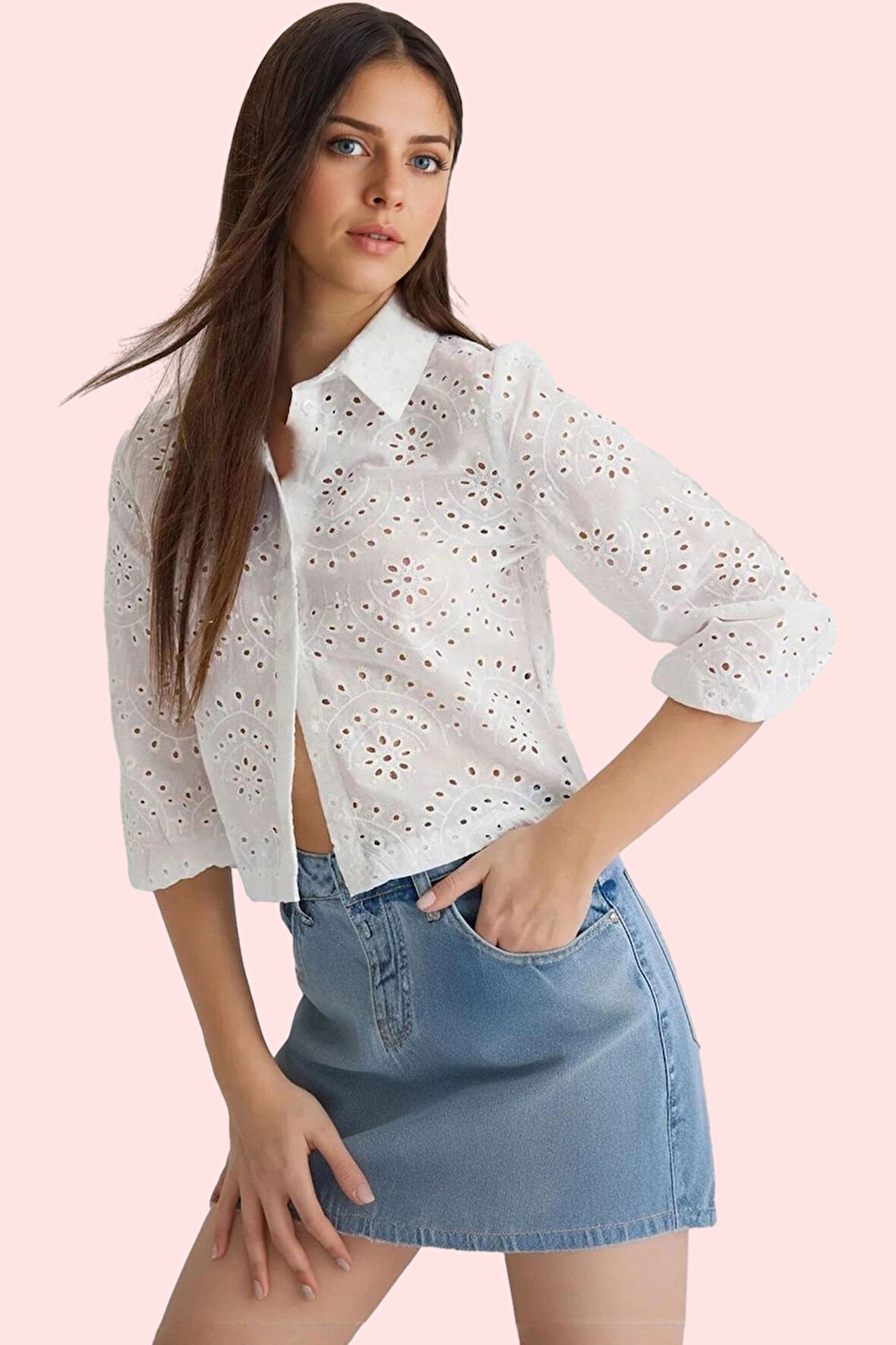 Kadın Uzun Kollu Crop Gömlek Pamuk Şık ve Rahat Günlük Kullanım Yaz Aylarının Vazgeçilmezi