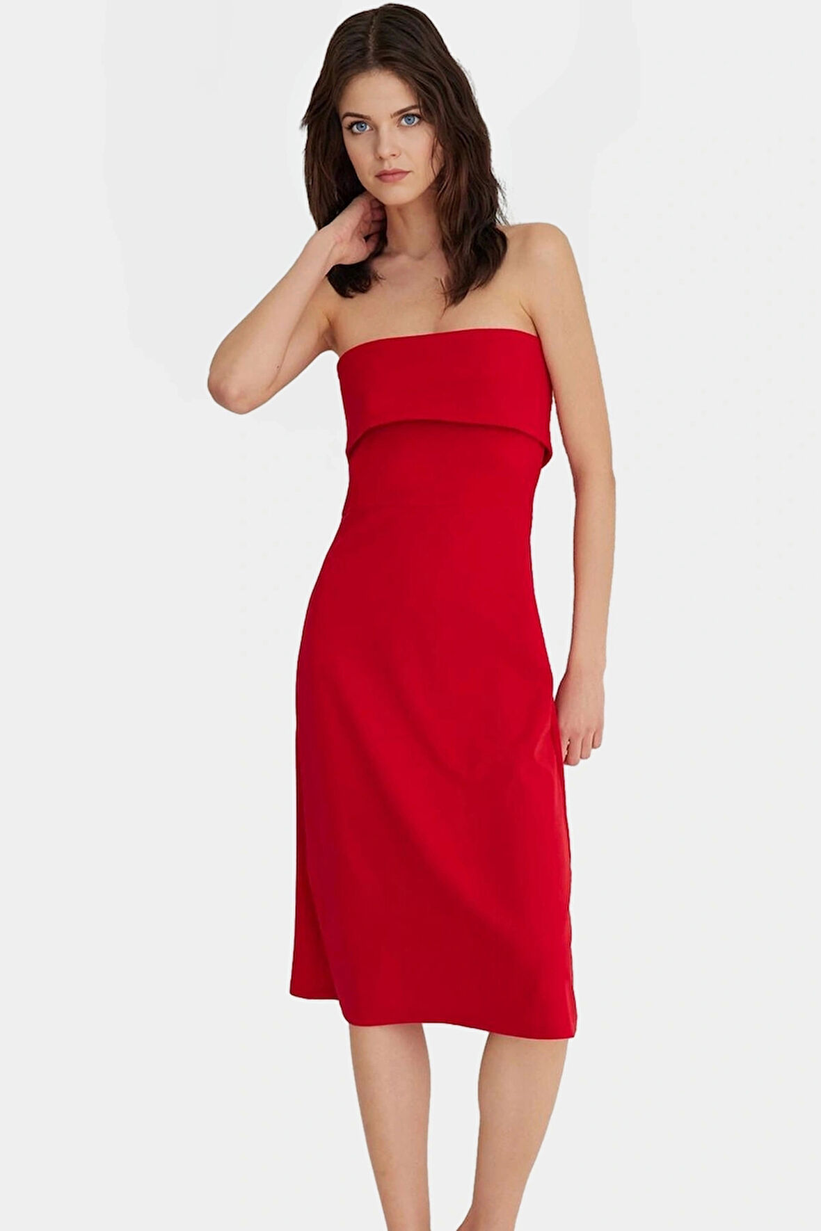 Yazlık Straplez Elbise Midi Boy A line Kesim Polyester Elastan Zarifane Tasarım