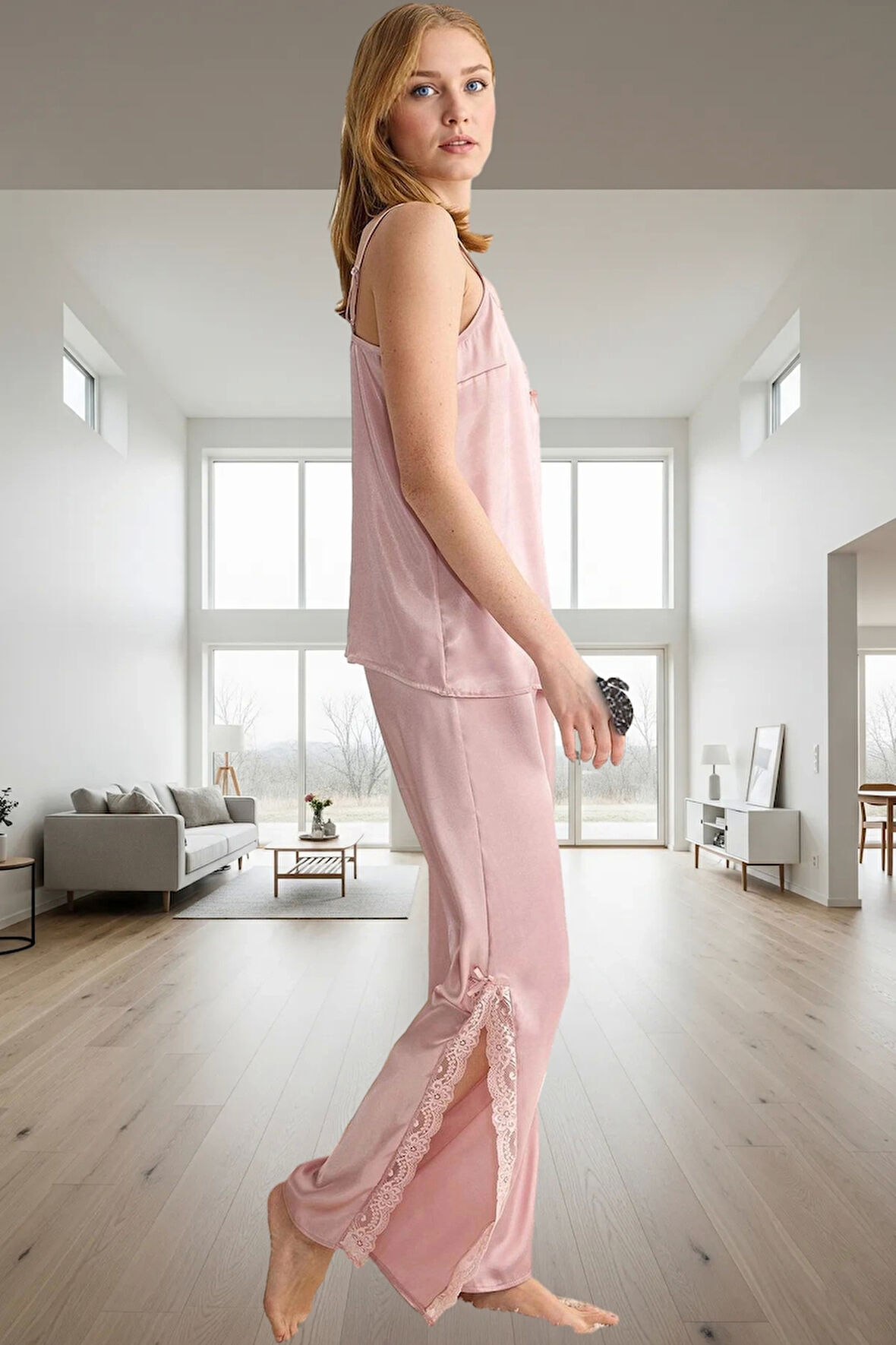 Saten Dokuma Dantel Detaylı 2'li Pijama Takımı Ev Konforu Profesyonel Görünüm Uzun Ömürlü