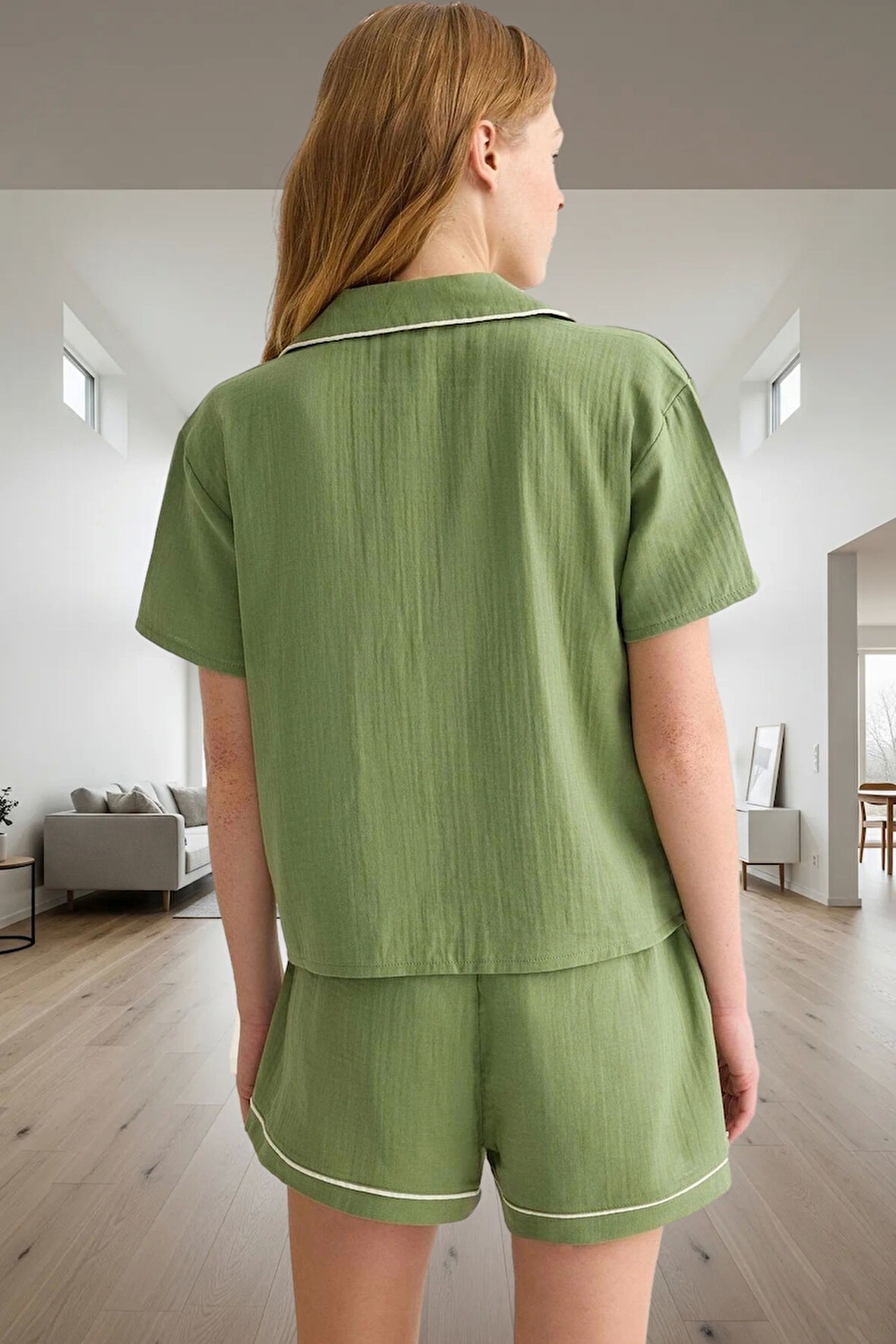 Yazlık %100 Pamuk Pijama Takımı Müslin Kumaş Biyeli Detay Regular Fit Şortlu Mükemmel Uyum