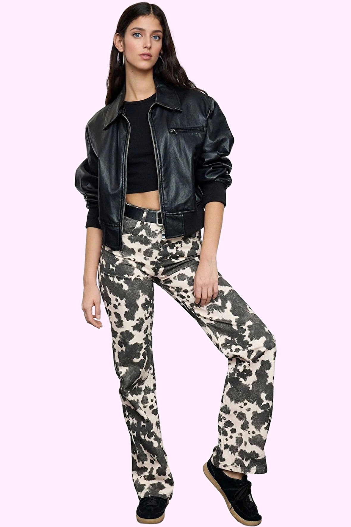 Kadın Pamuk Denim Pantolon; İnek Desenli Düşük Bel Geniş Paça Günlük Kullanım Modern Tasarım