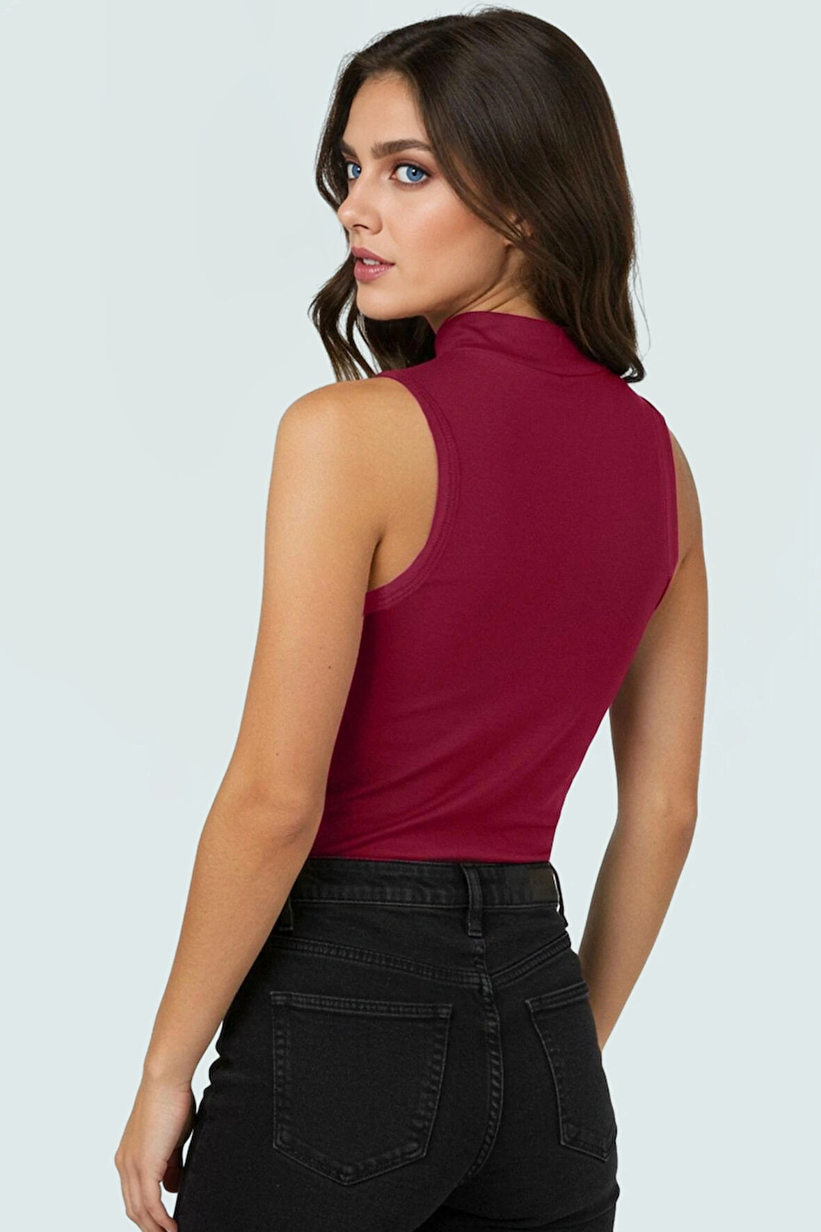 Viskoz Ribana Örme Bluz Dik Yaka Fitted Kalıp Kolsuz Yazlık Modern Stil