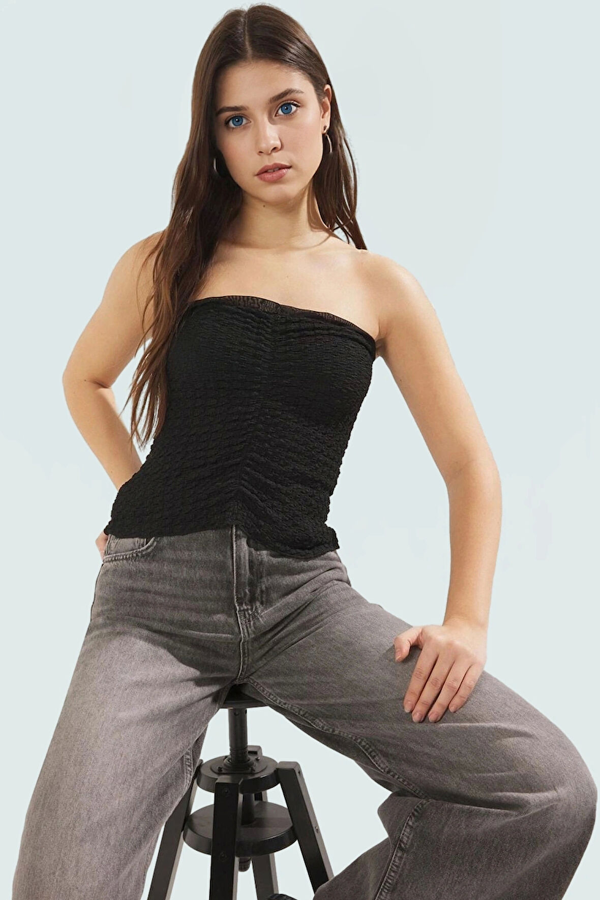 Straplez Büzgü Detaylı Örme Bluz Fitted Yazlık Esnek Modern Stil Özel Tasarım Mükemmel Uyum