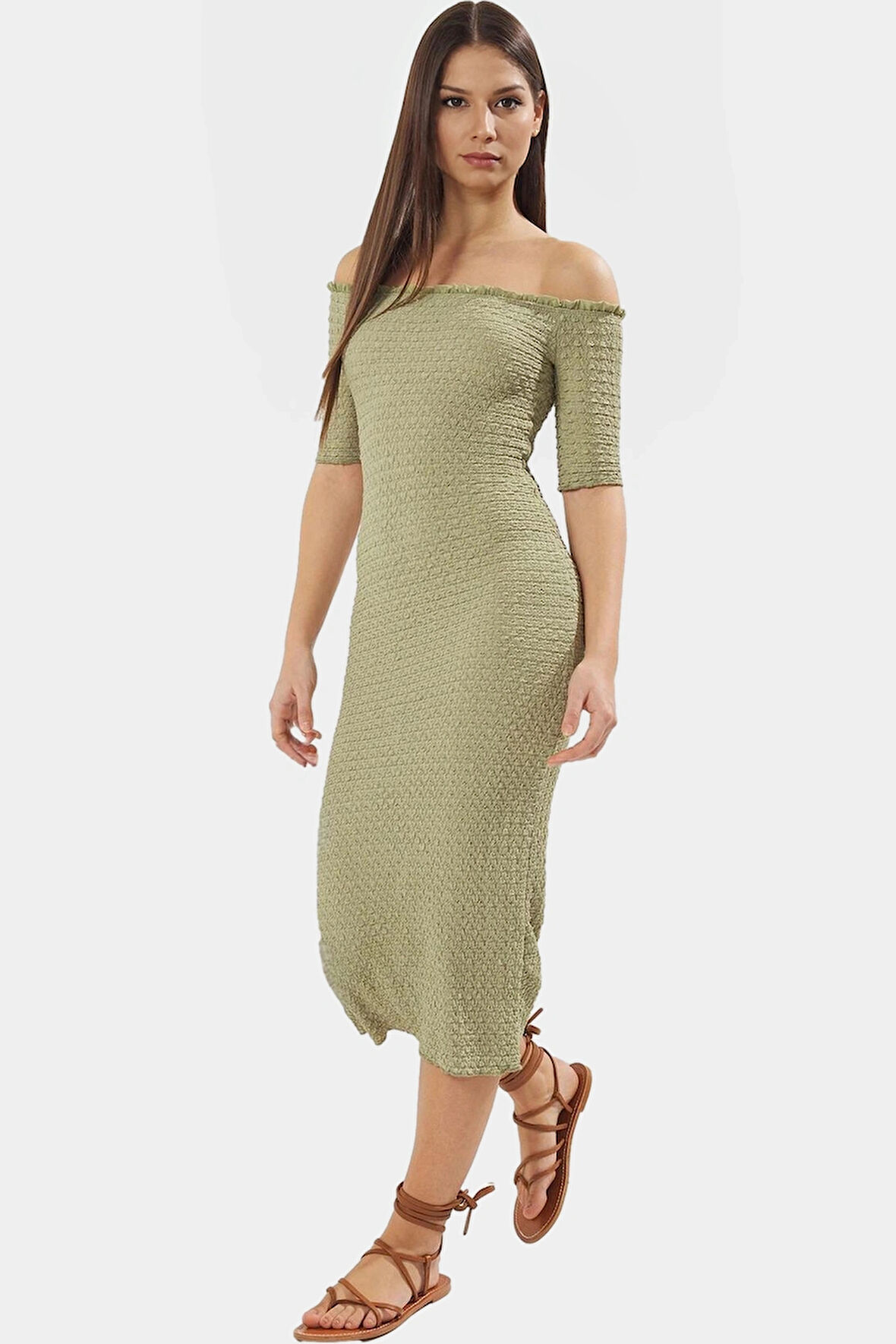 Bodycon Midi Elbise Carmen Yaka Renk Gofre Dokuma Örme Kumaş Uzun Ömürlü Rahat Ve Şık