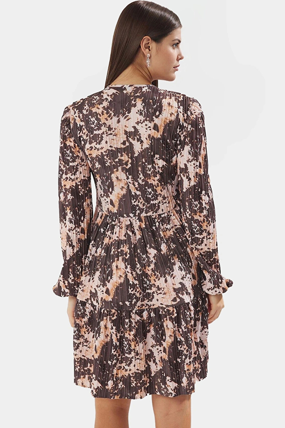 Rahat ve Şık Örme Polyester Mini Elbise Soyut Desen V Yaka 90cm Boy Uzun Ömürlü Premium Kalite