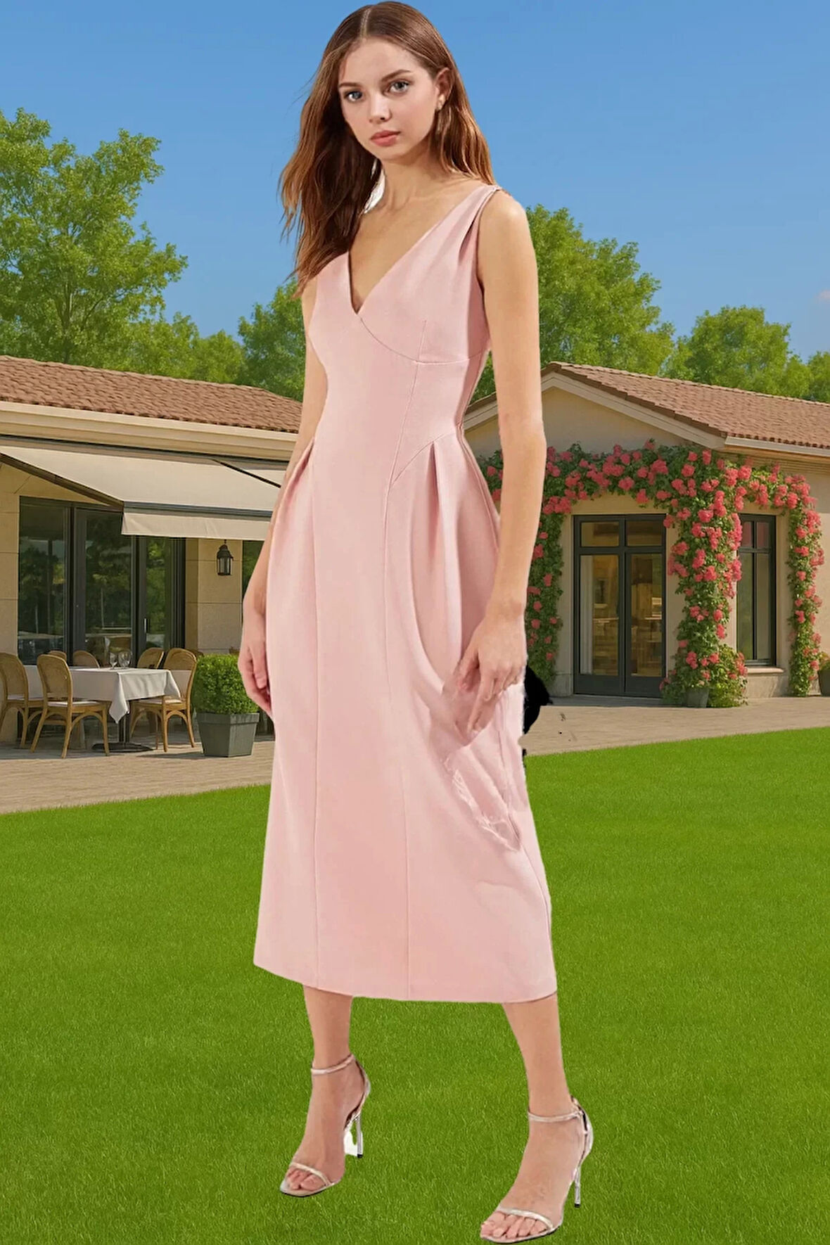 Feminen V Yaka Midi Abiye Elbise Cep Detaylı Dokuma Kumaş Dayanıklı Malzeme Dayanıklı Malzeme