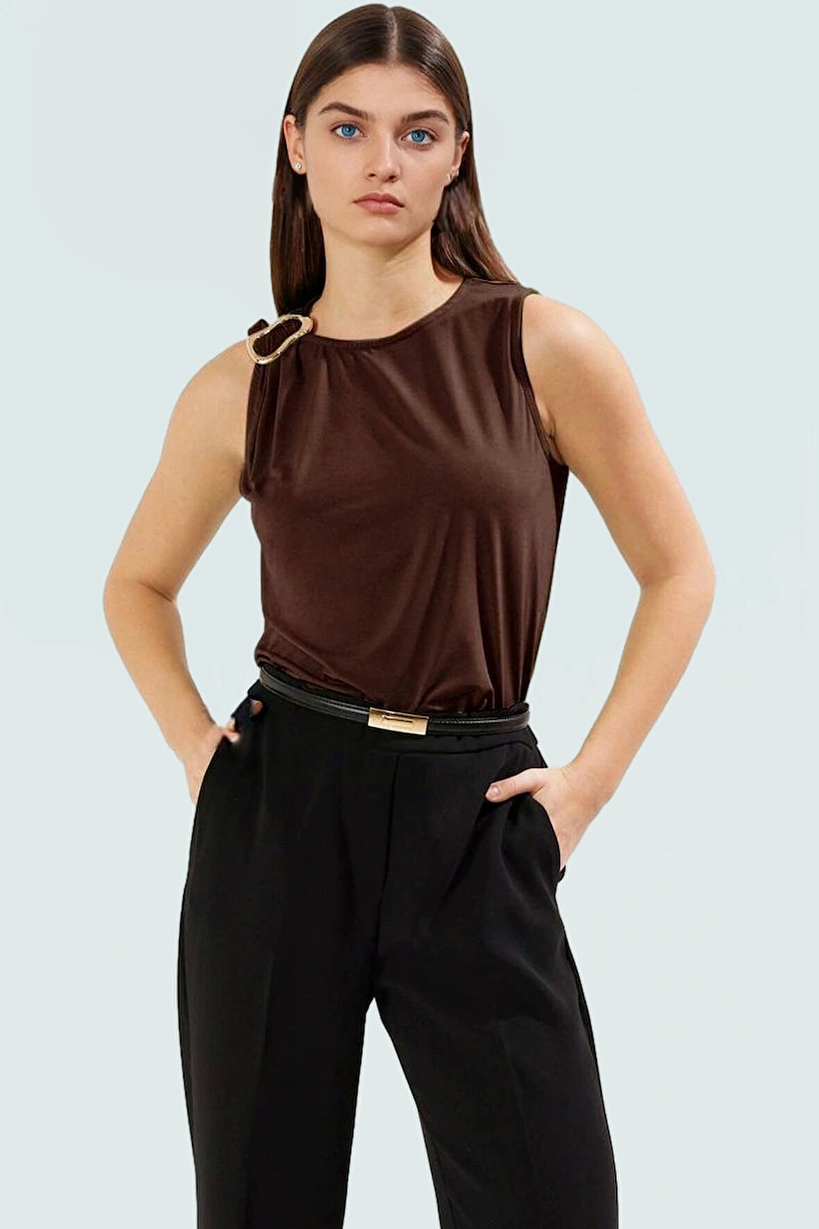 Şık Örme Bluz Bisiklet Yaka Fitted Polyester Elastan Yazlık Trend Tasarım Uzun Ömürlü