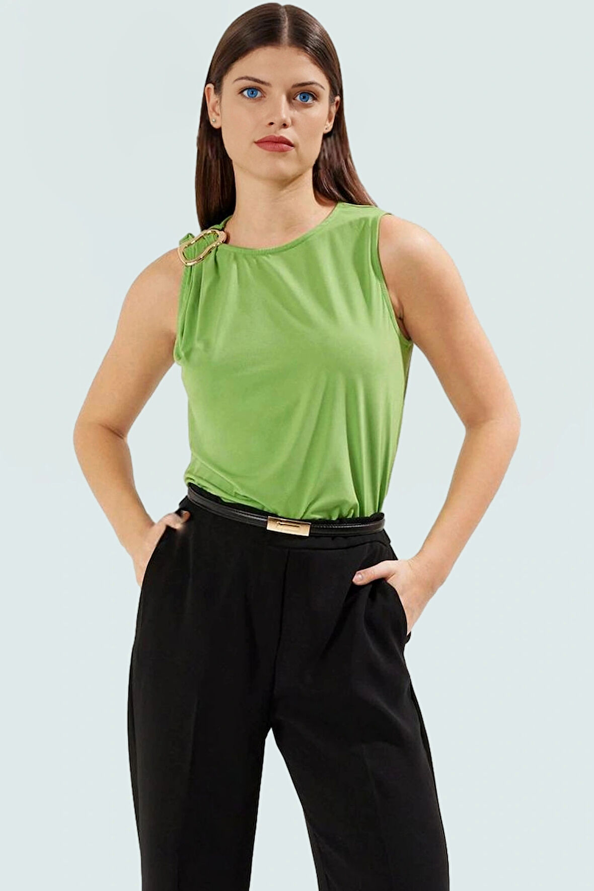 Şık Örme Bluz Bisiklet Yaka Fitted Polyester Elastan Yazlık Trend Tasarım Uzun Ömürlü