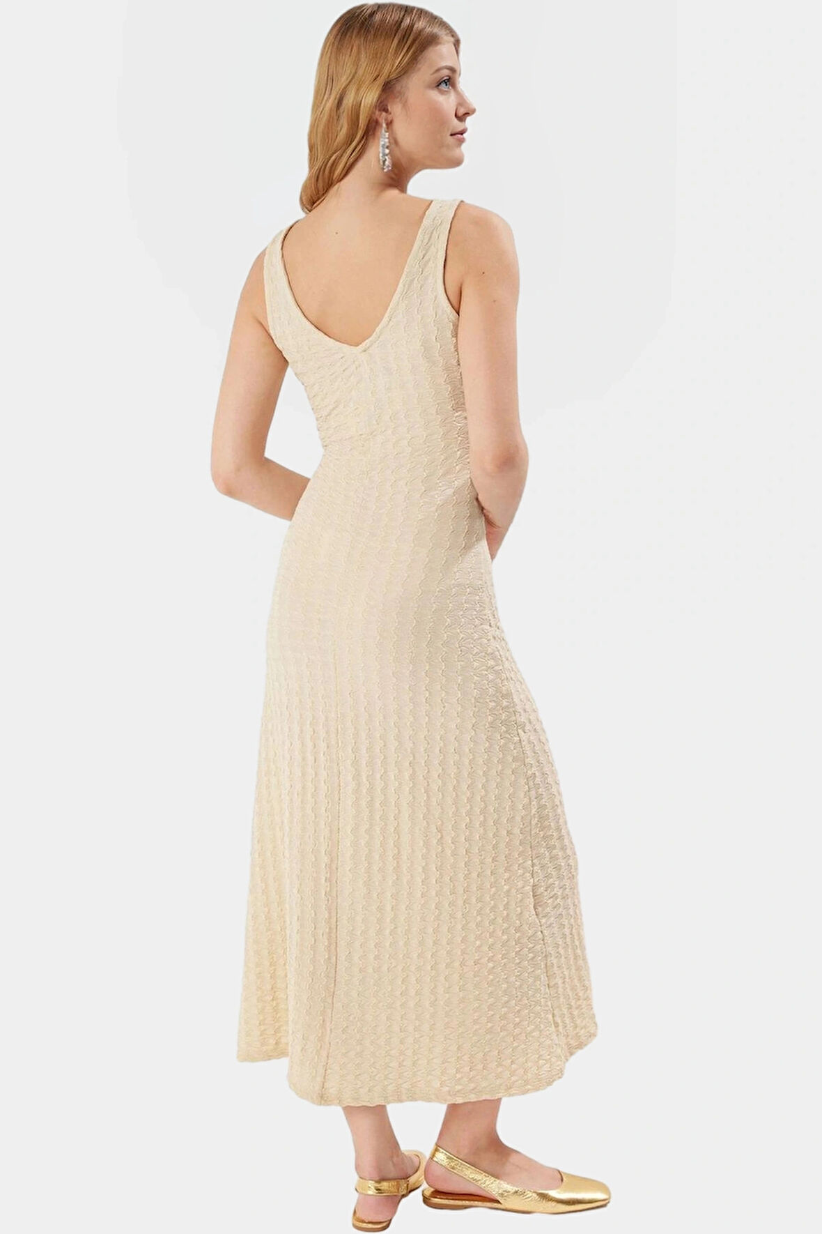 Şık Örme Elbise Sırt Dekolteli V Yaka Maxi Boy Nefes Alabilir Kumaş Görünüm