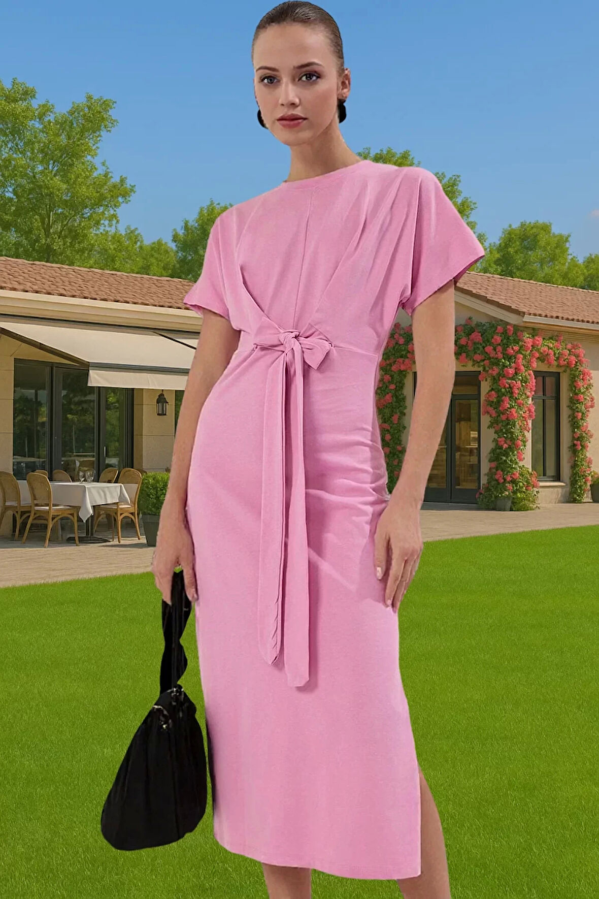 Yazlık Kadın Pamuk Midi Elbise Bodycon Kalıp Bağcıklı Tasarım Modern Stil Profesyonel Görünüm