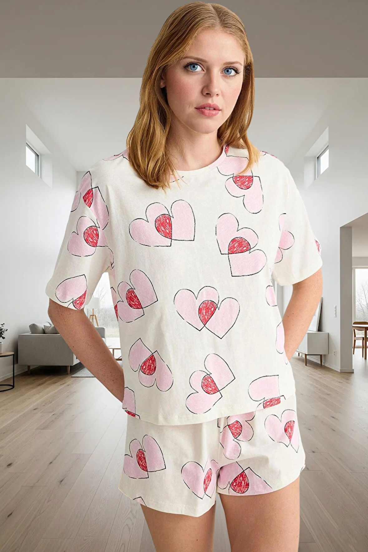 Homewear %100 Pamuklu Kalp Desenli Pijama Takımı Regular Kalıp Şık Görünüm