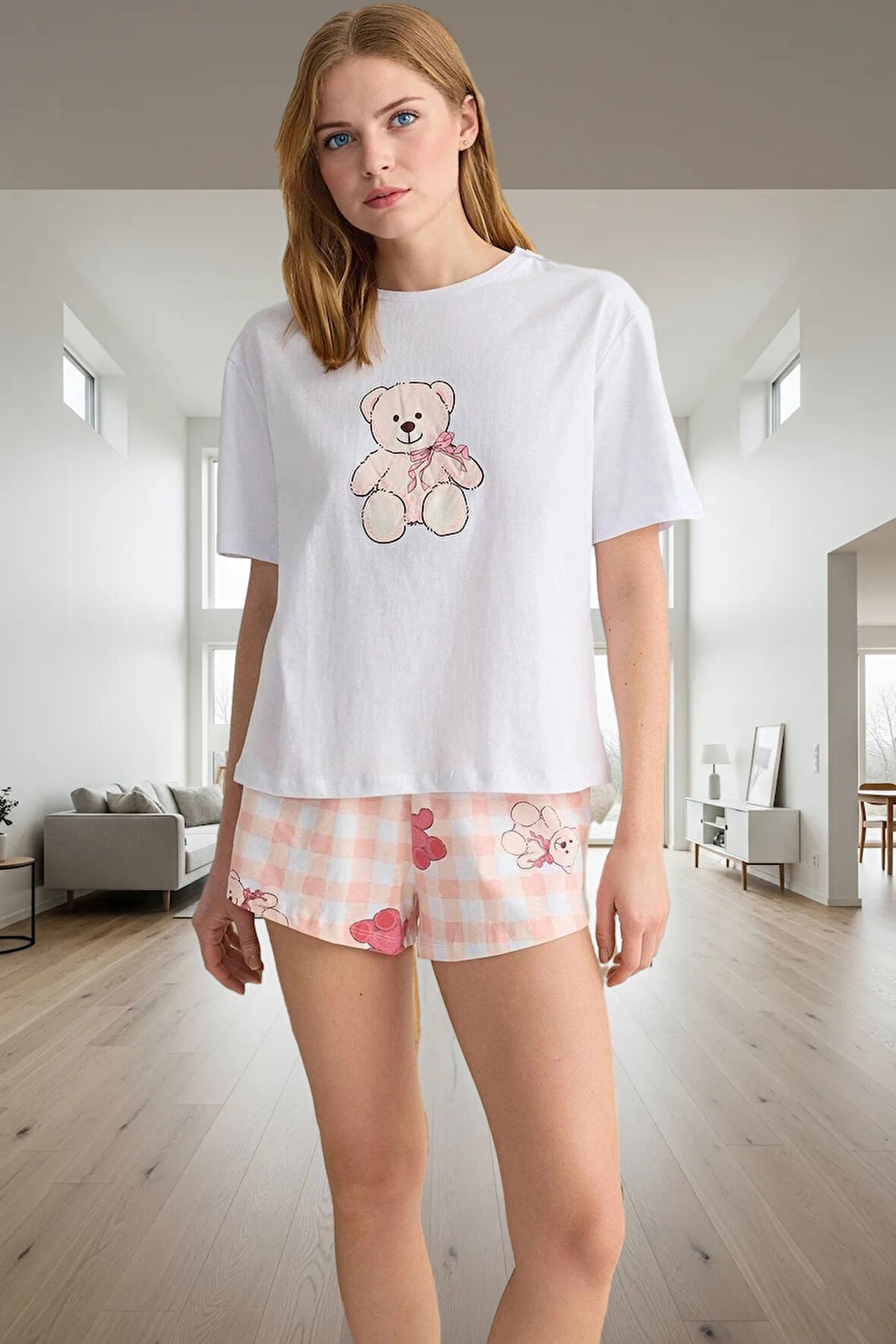 2'li Pamuklu Pijama Takımı Ayıcıklı Desenli Regular Kalıp Günlük Kullanım İçin