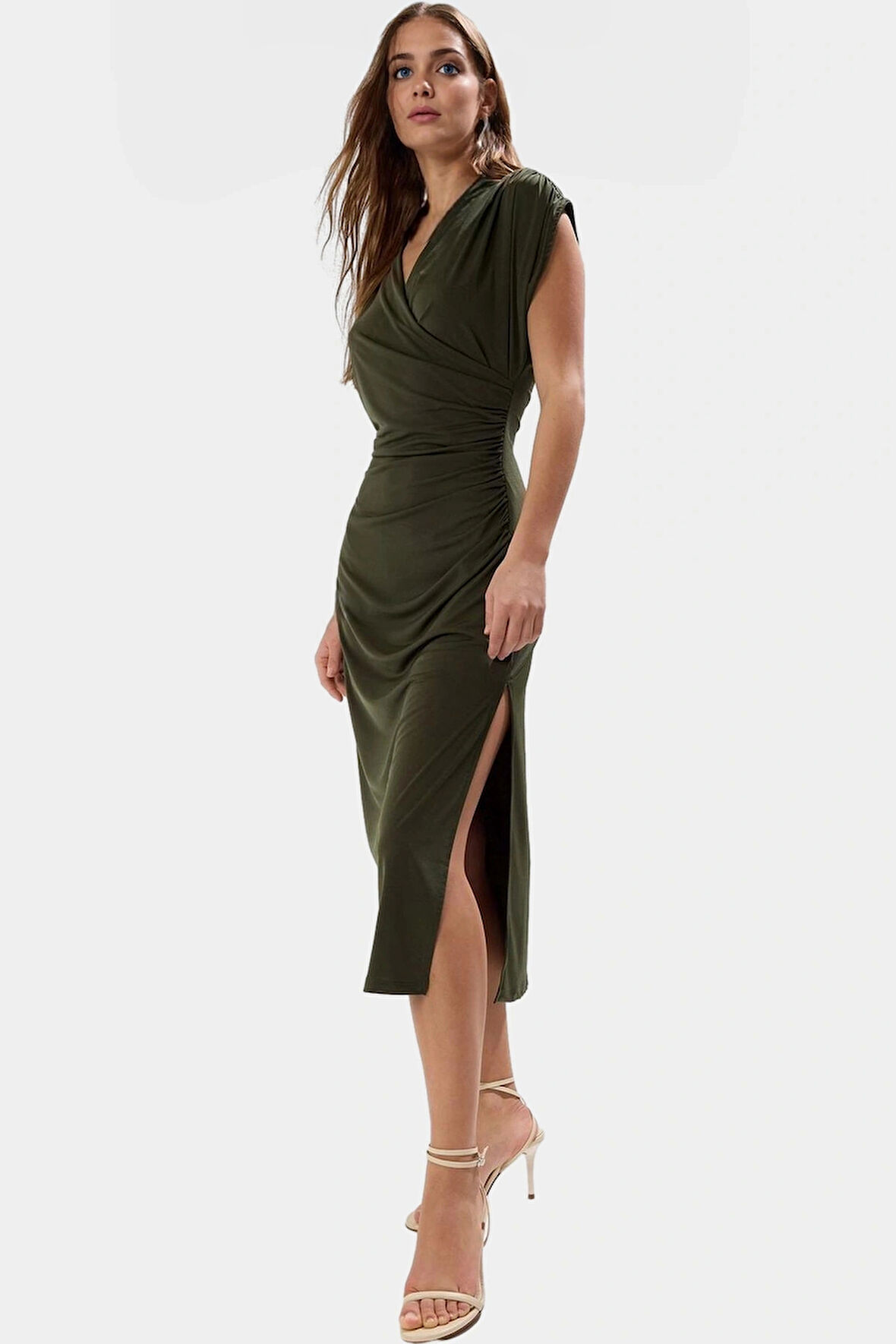 Kruvaze Midi Elbise 96% Polyester 4% Elastan 120 cm Boy Bodycon Özel Tasarım Rahat Ve Şık