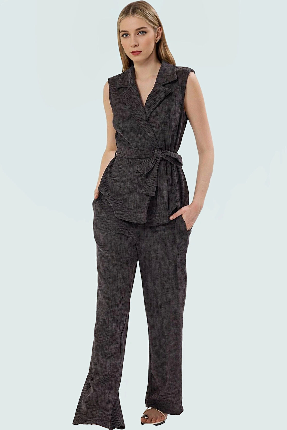 Geniş Paça Kolsuz Yelekli Pantolon Takım Örme Kumaş Günlük Stil Premium Kalite