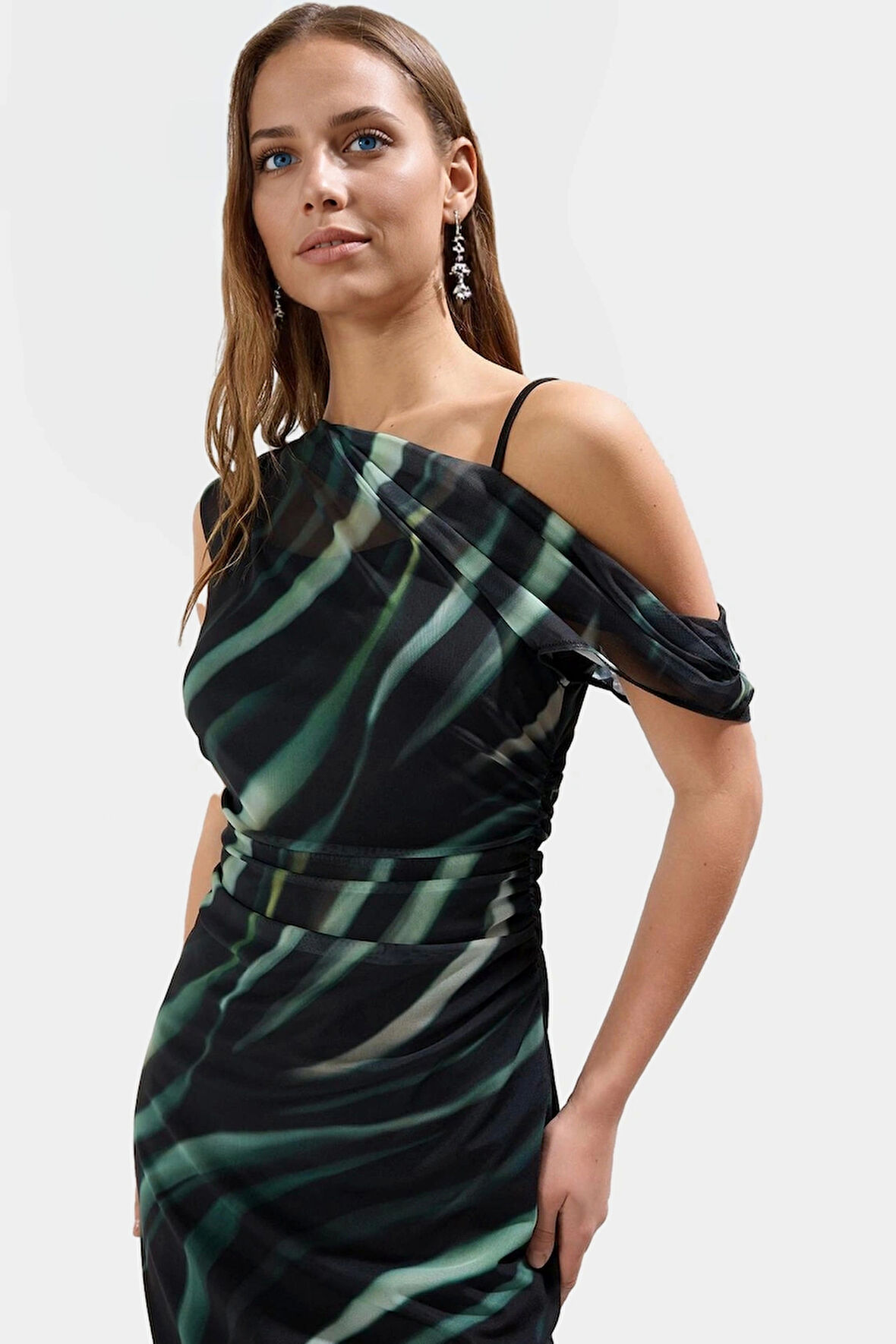 Örme Tül Midi Elbise 120cm Boy Çiçek Desen Bodycon Kalıp Özel Tasarım Rahat Ve Şık