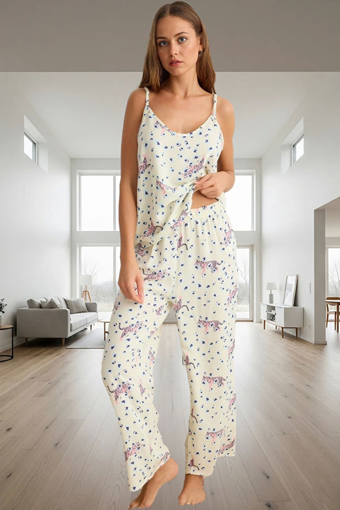 100% Viskoz Dokuma Pijama Takımı Renk Hayvan Desenli Regular Kalıp Özel Tasarım