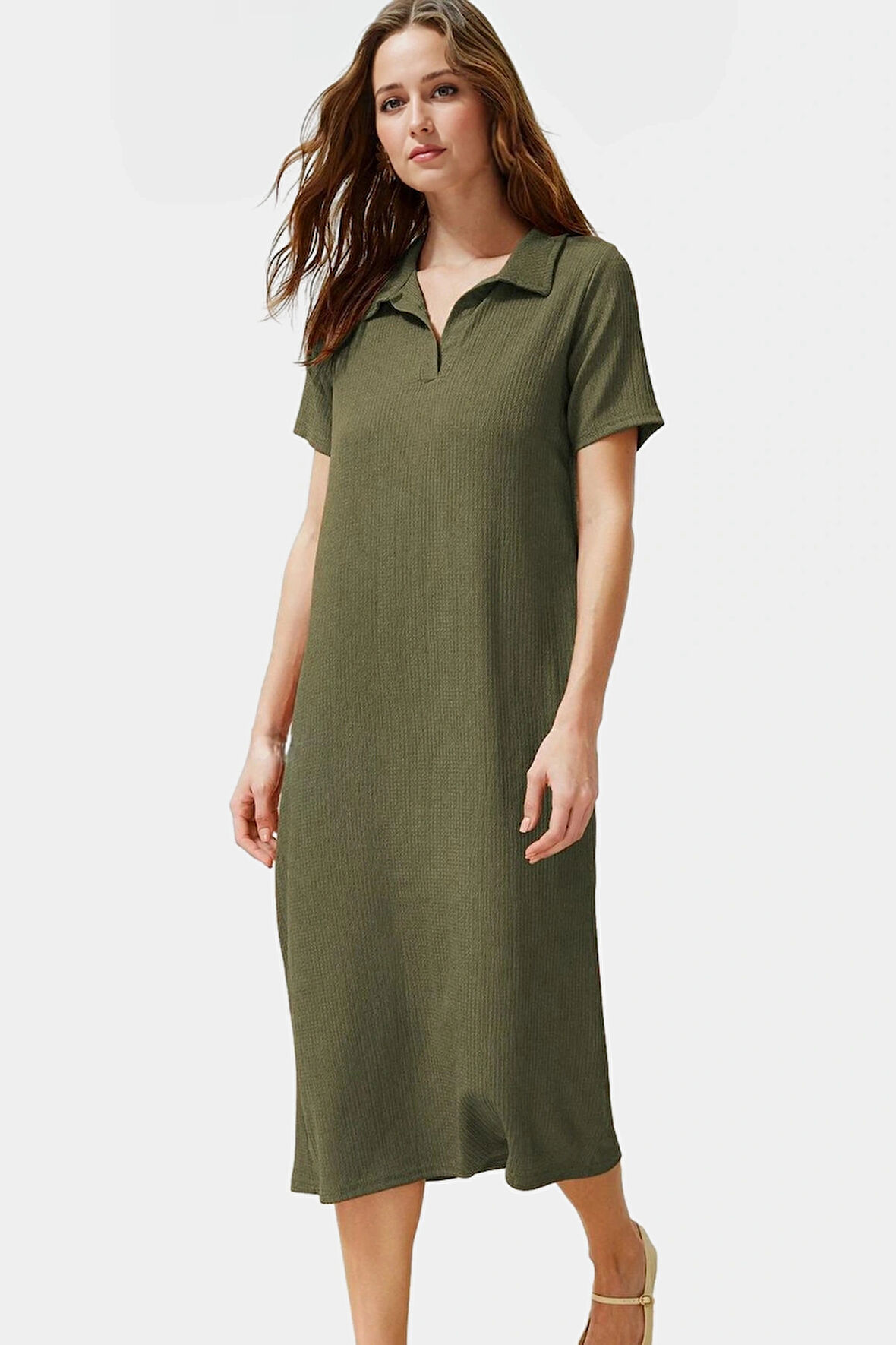 Yazlık Bürümcük Dokulu Midi Elbise Nefes Alan Polyester Kumaş Polo Yaka Kısa Kollu