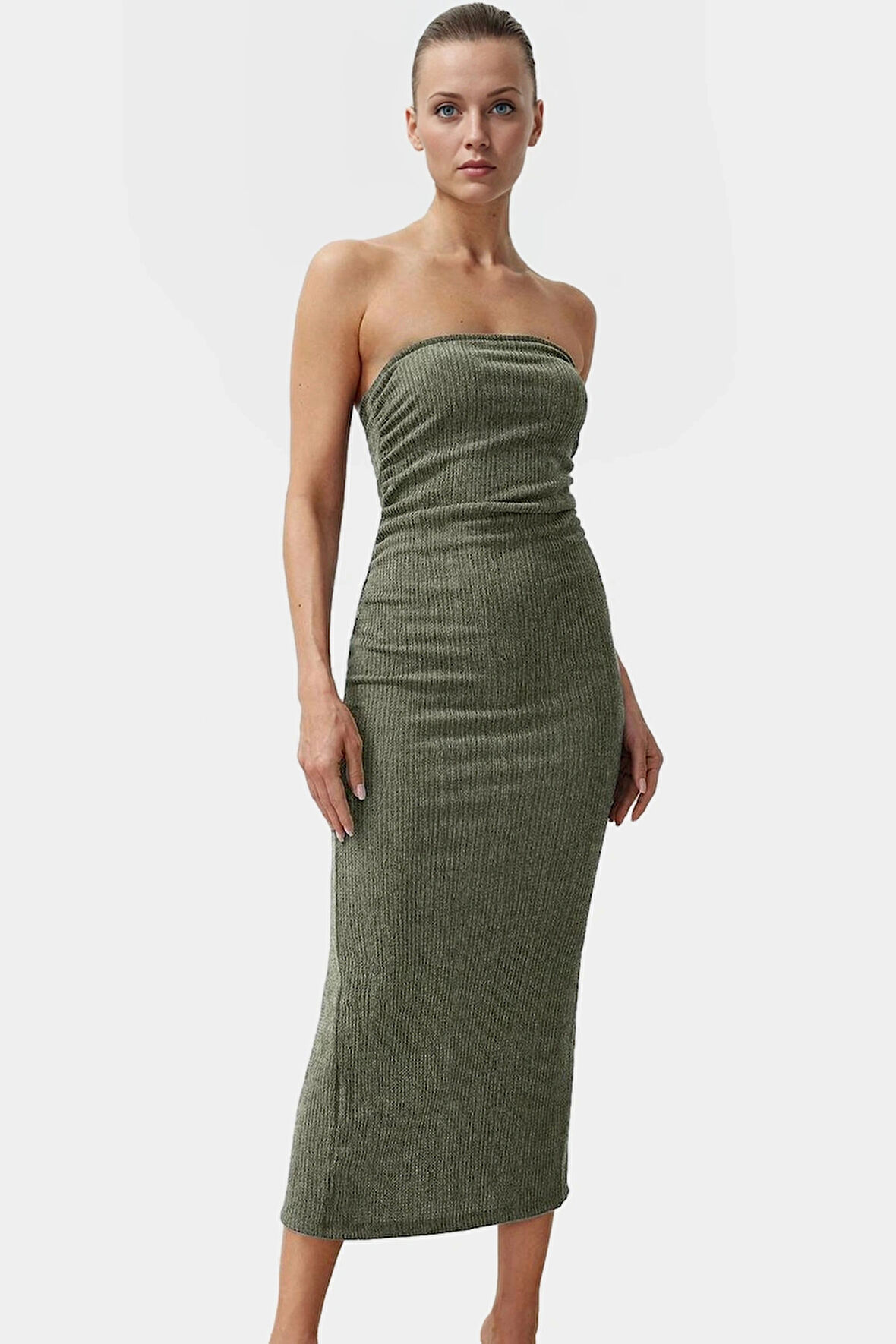 Yazlık Midi Elbise Kolsuz Bodycon Polyester Örme Kumaş Uzun Ömürlü Şık Görünüm