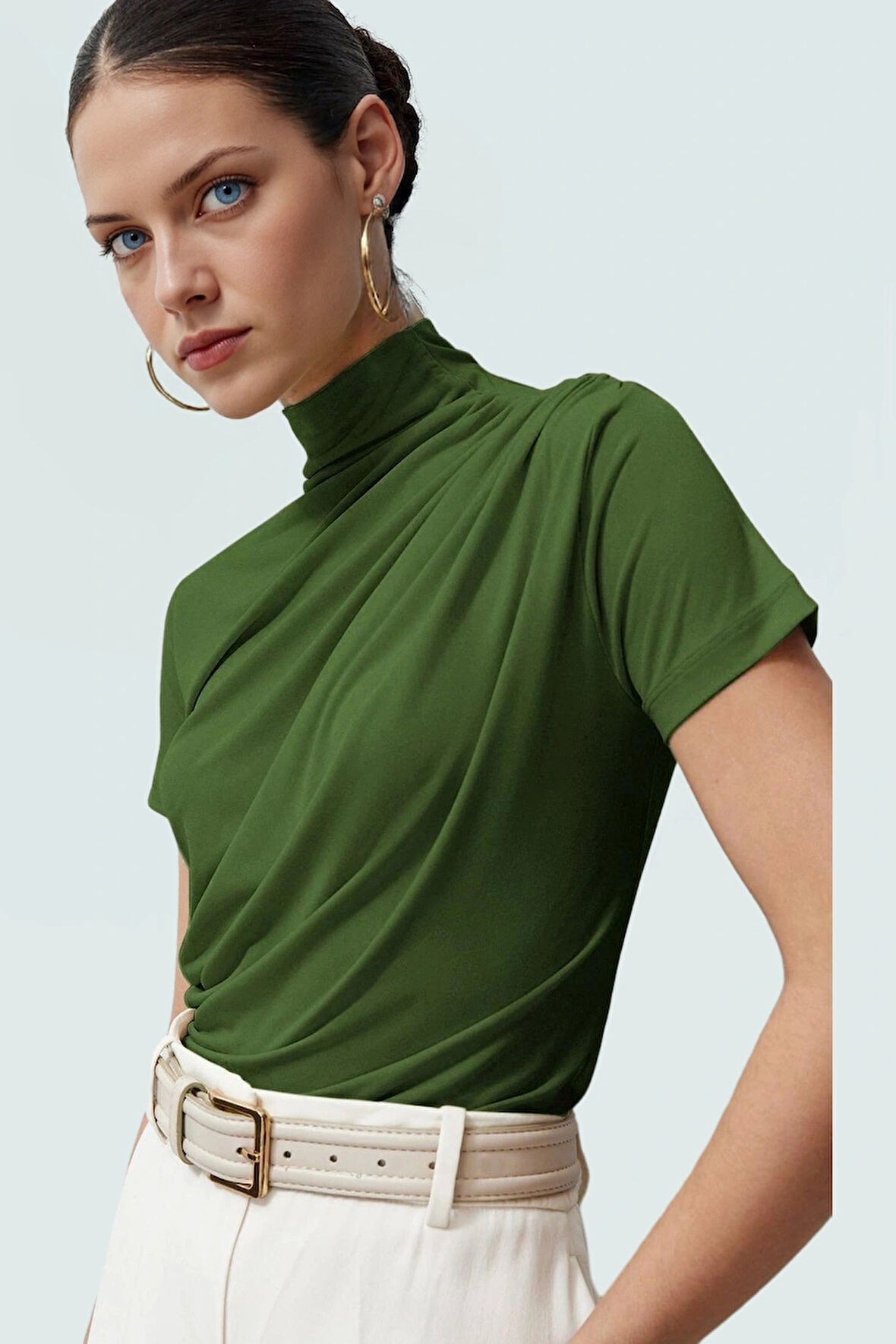 Polyester Elastan Örme Bluz Dik Yaka Fitted Kısa Kollu Yazlık Yüksek Kalite Rahat Kullanım