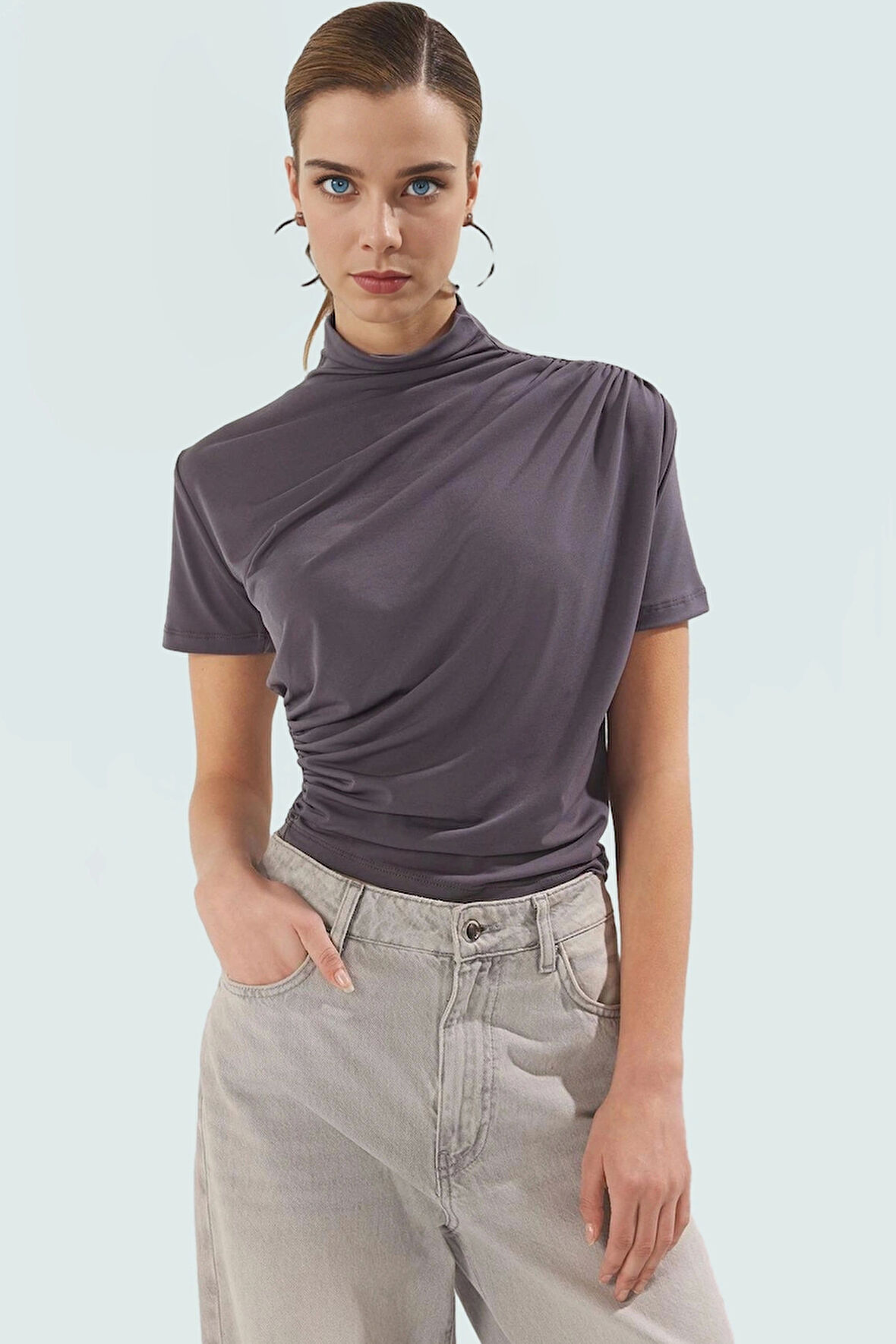 Polyester Elastan Örme Bluz Dik Yaka Fitted Kısa Kollu Yazlık Yüksek Kalite Rahat Kullanım