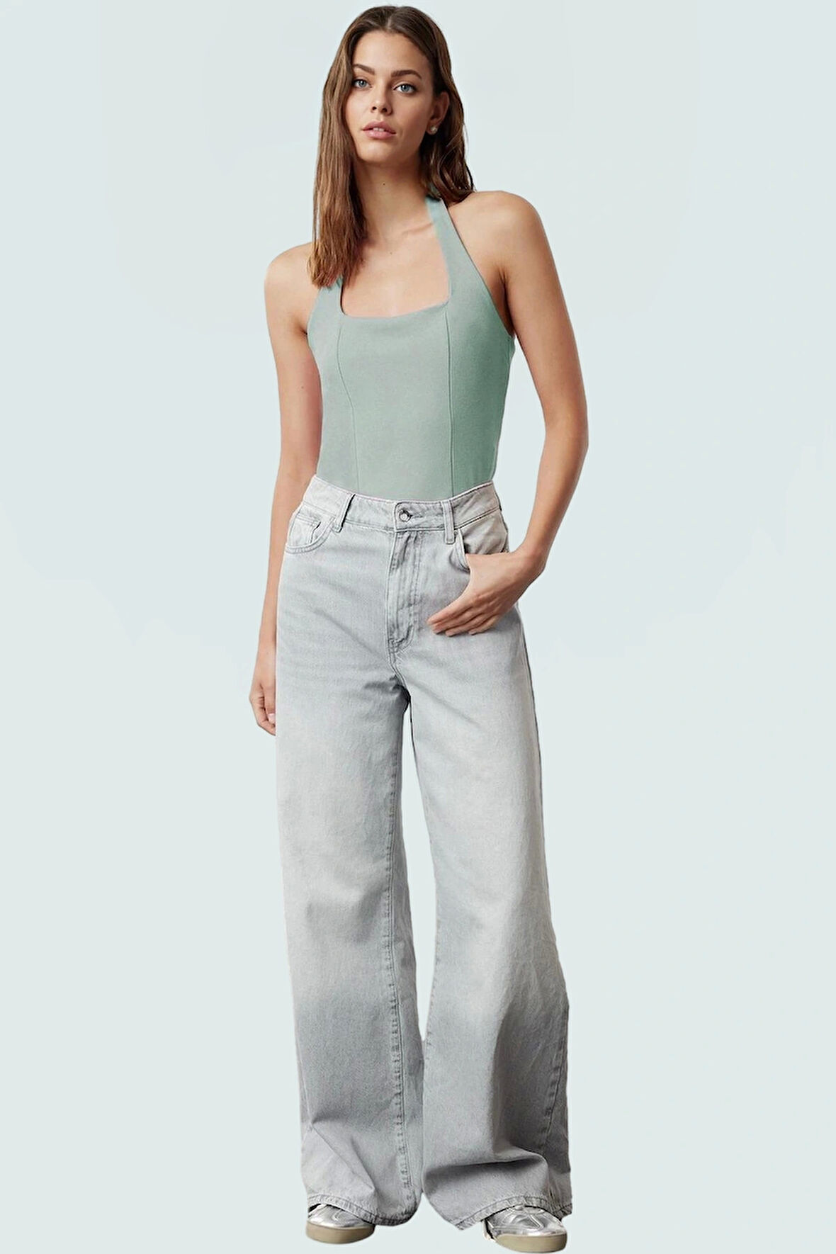 Rahat ve Şık Scuba Krep Crop Bluz Halter Yaka Polyester Karışımı Özenle Seçilmiş