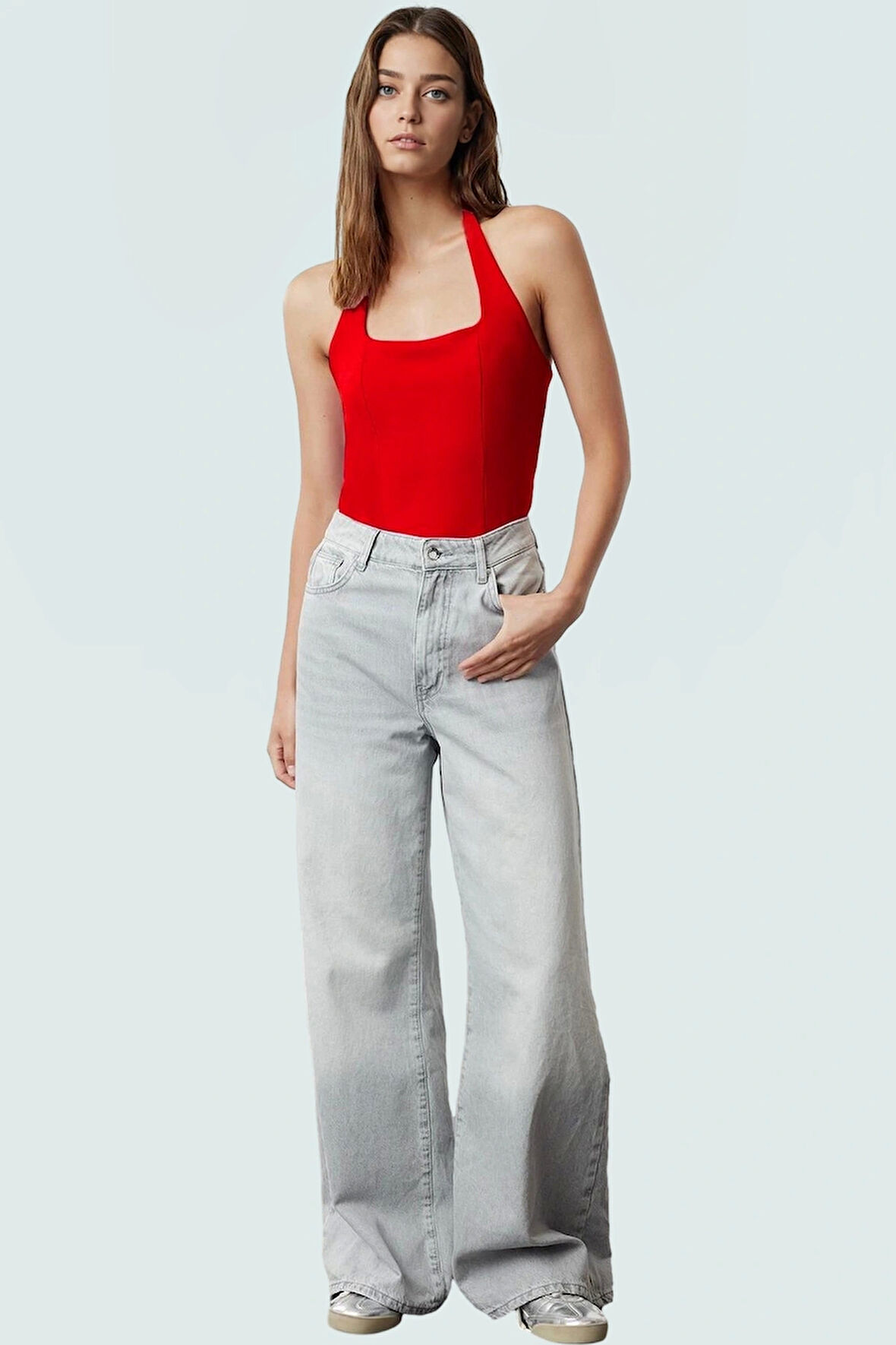 Rahat ve Şık Scuba Krep Crop Bluz Halter Yaka Polyester Karışımı Özenle Seçilmiş