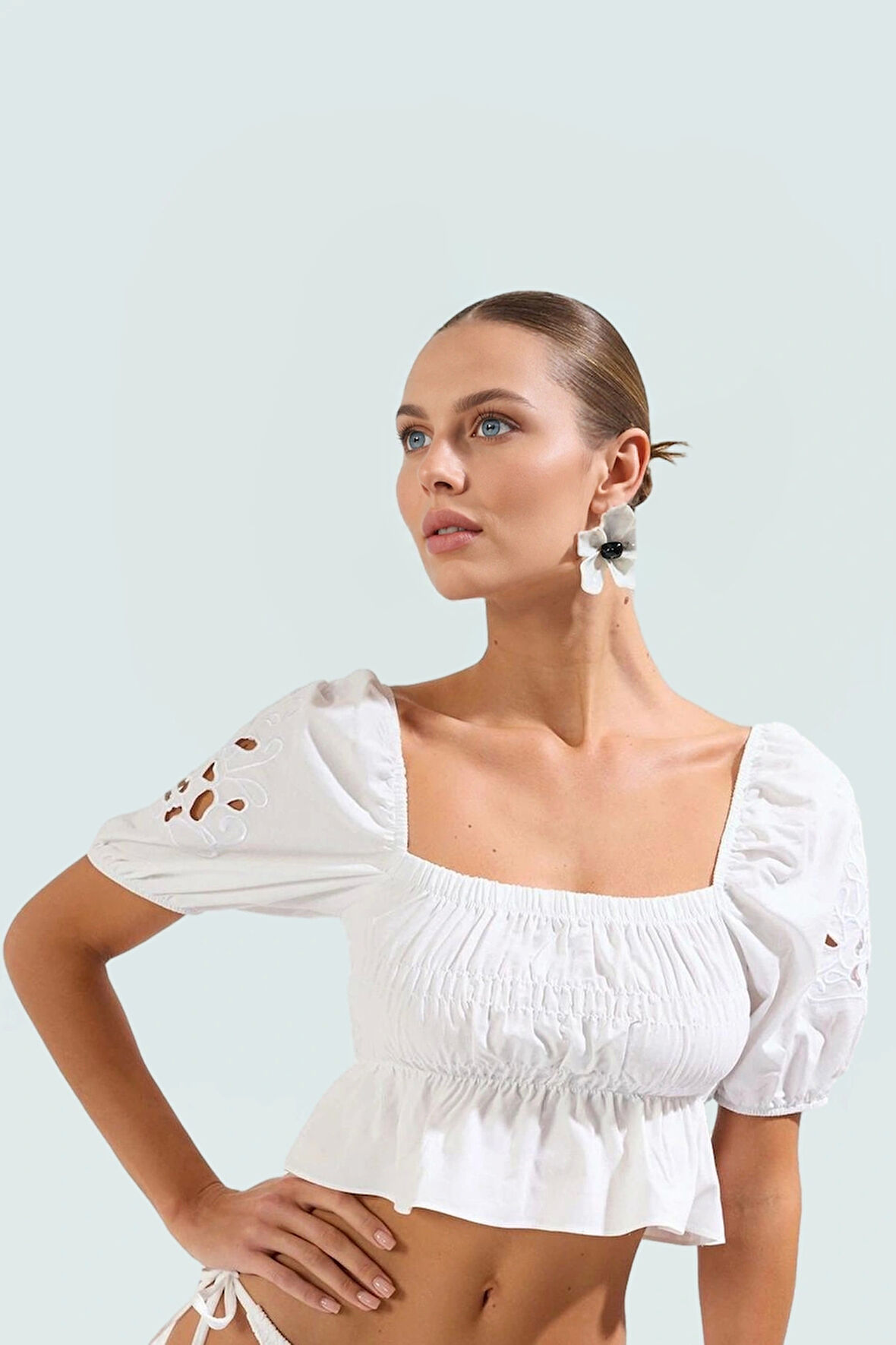 Şık Terrycotton Plaj Bluz Nakışlı Detaylar Fitted Kalıp Yazlık Günlük Kullanım İçin