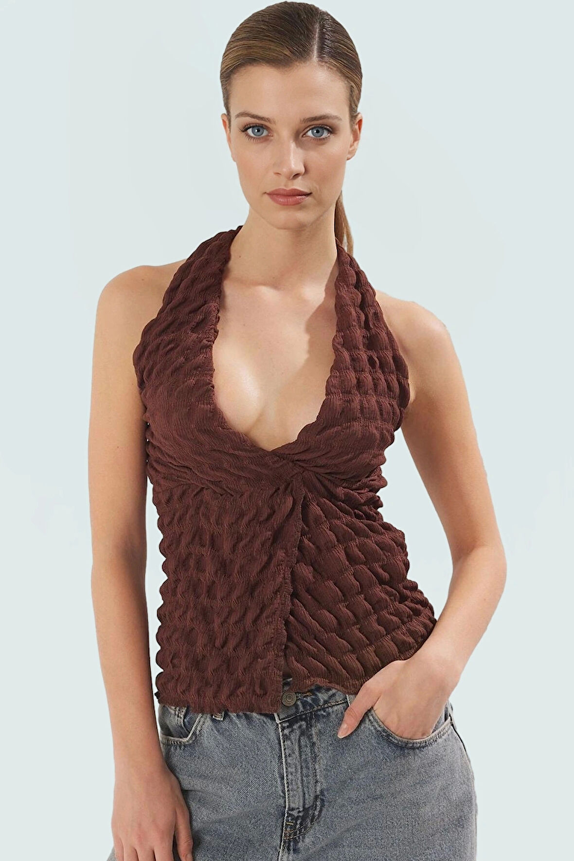 Asimetrik Boyundan Bağlamalı Bluz Örme Kumaş Fitted Kalıp Yazlık Konforlu Kesim