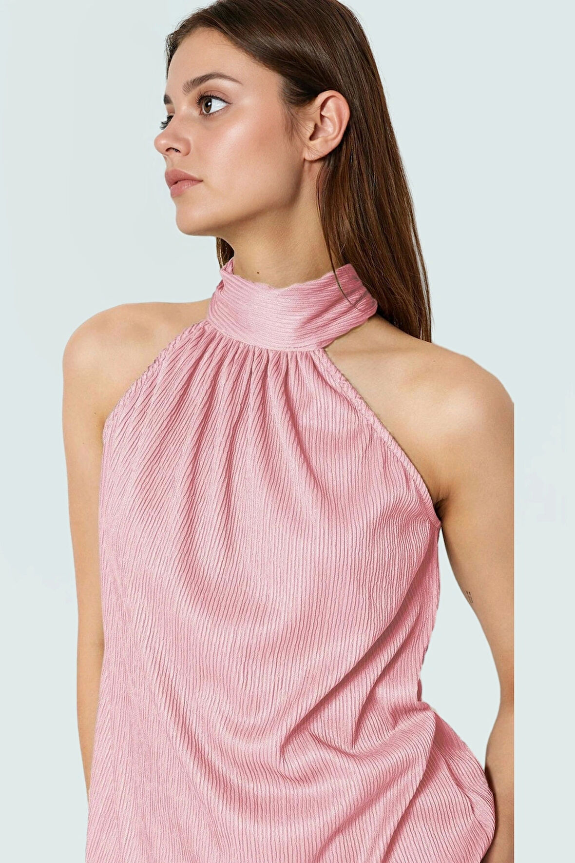 İş ve Günlük Kullanım İçin Polyester Örme Pilise Bluz Halter Yaka Profesyonel Görünüm