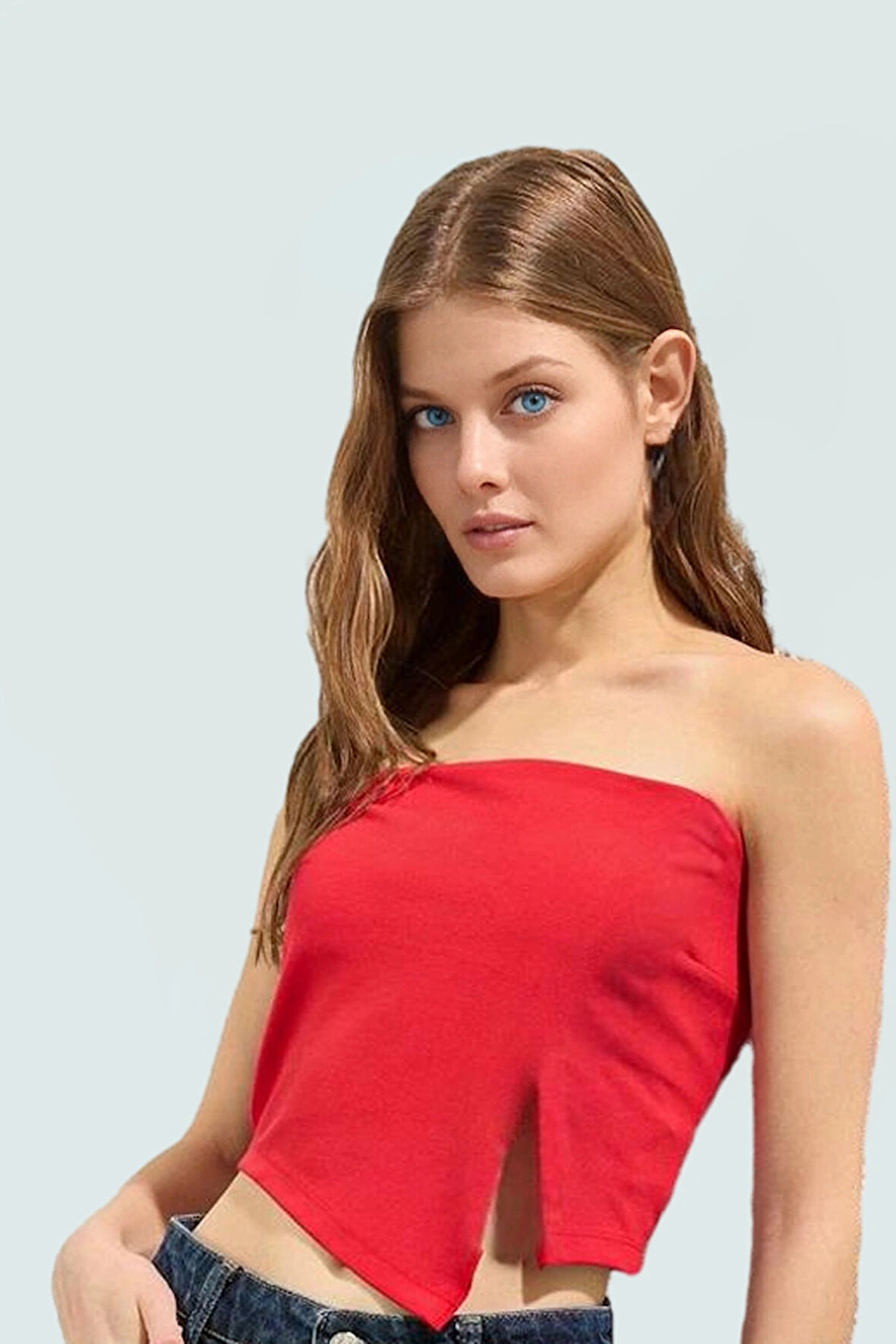 Yazlık Kolsuz Crop Bluz Asimetrik Straplez Fermuarlı Polyester Fitted Dayanıklı Malzeme