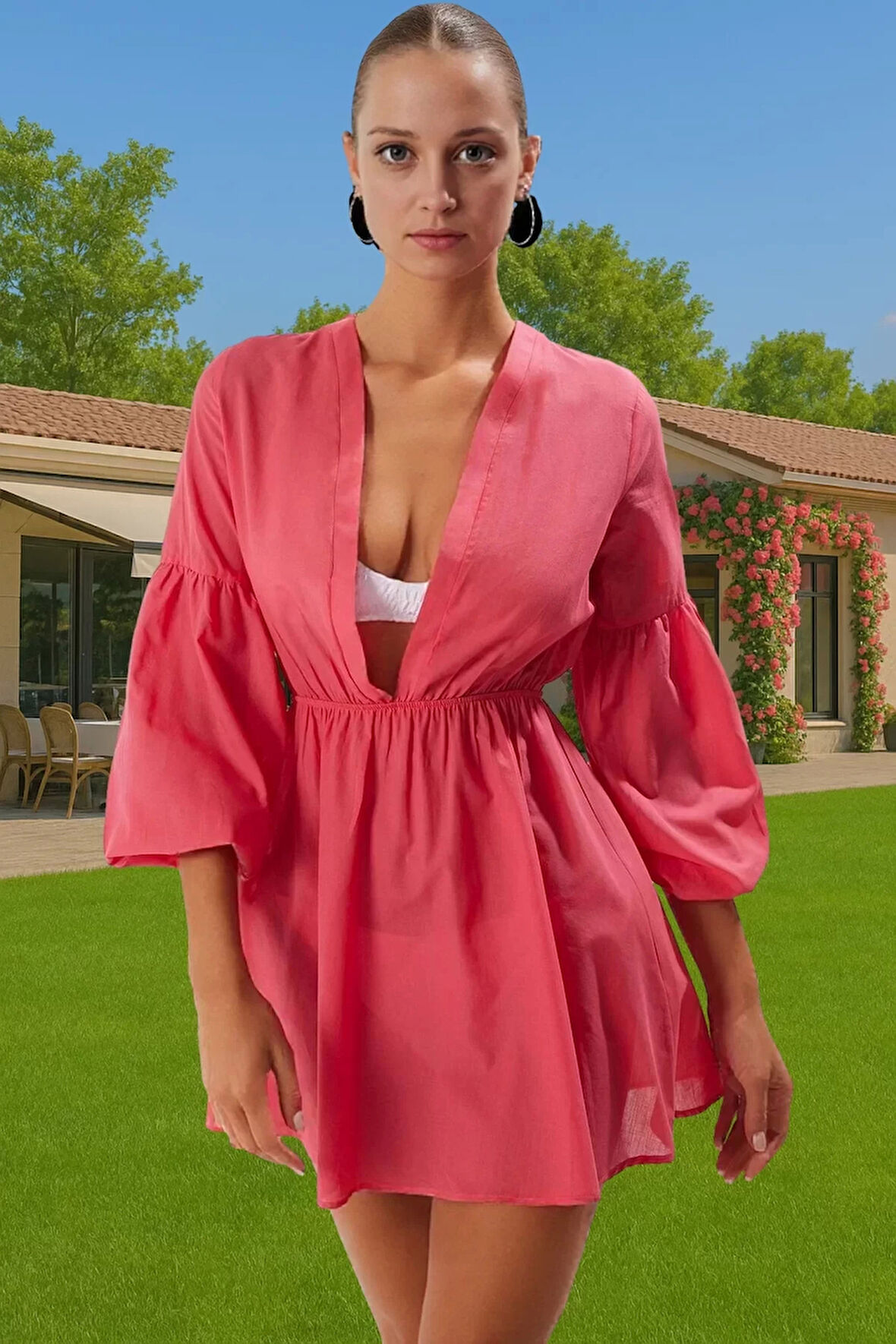 Şık Kadın Pamuklu Maxi Plaj Elbisesi Yazlık Balon Kollu Rahat Ve Şık Rahat Ve Şık Trend Tasarım