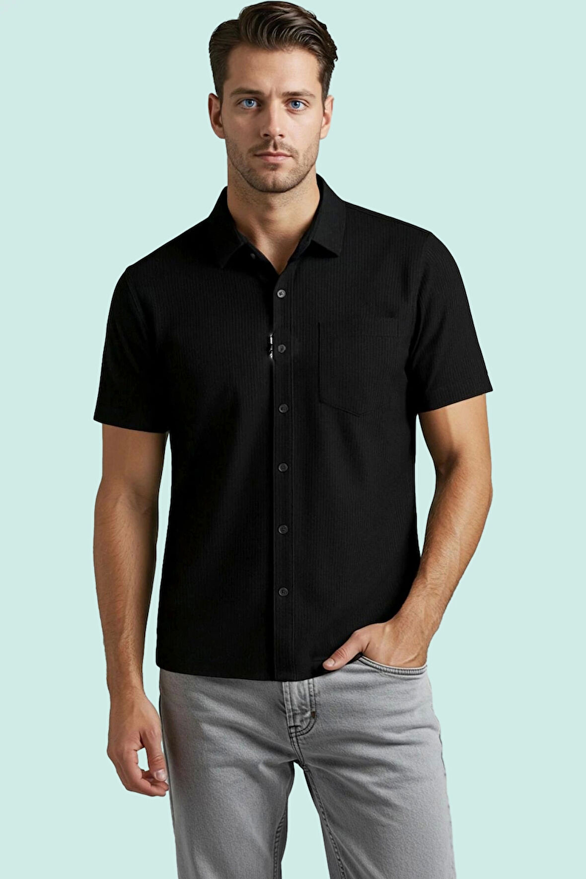 Erkek Polyester Elastan Gömlek Kısa Kollu Dokulu Regular Fit Günlük Kullanım Modern Tasarım