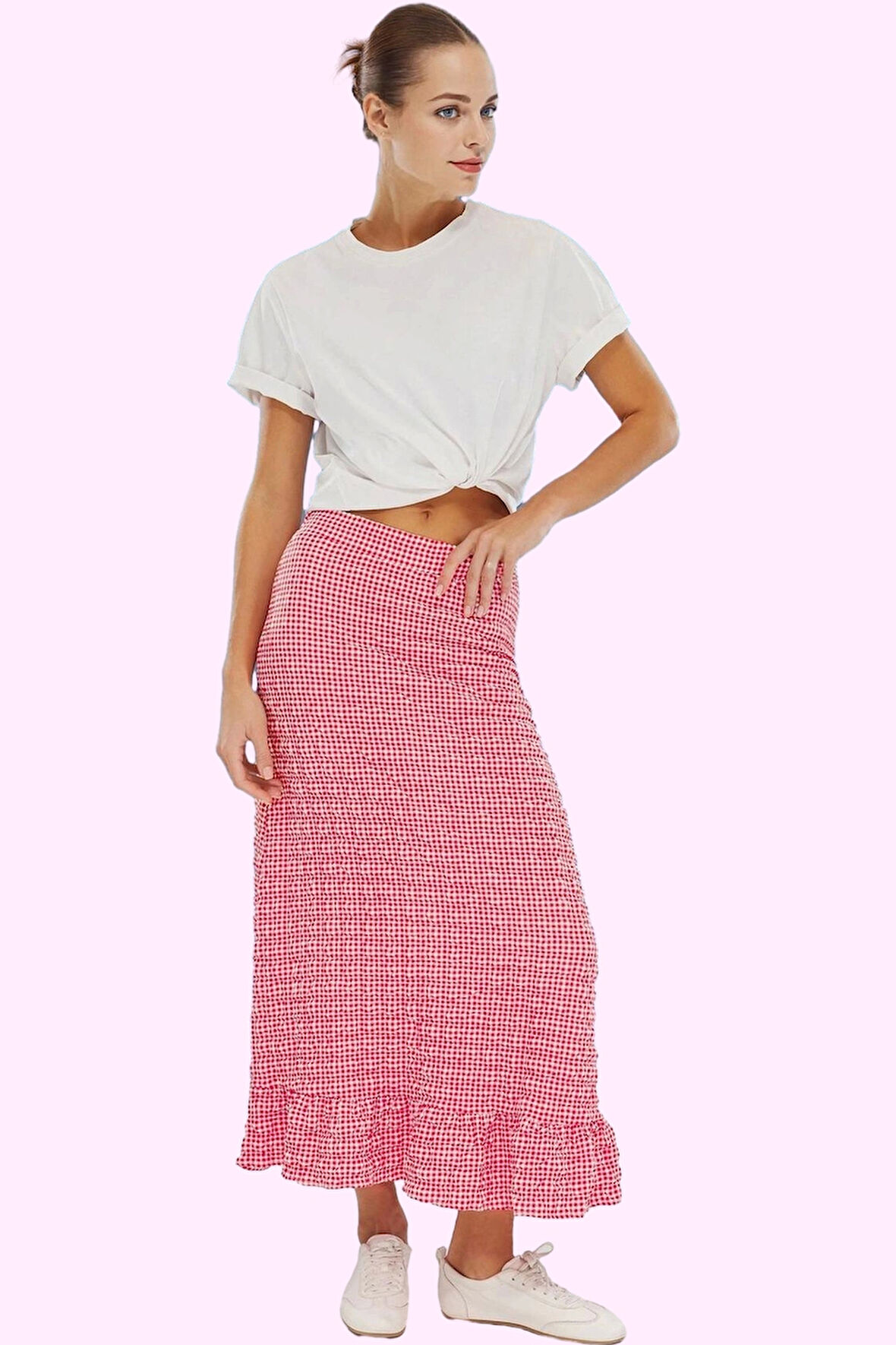 Kadın Yazlık Ekose Balık Etek Polyester Elastan Gofre Dokuma Maxi Boy Yaz Aylarının Vazgeçilmezi