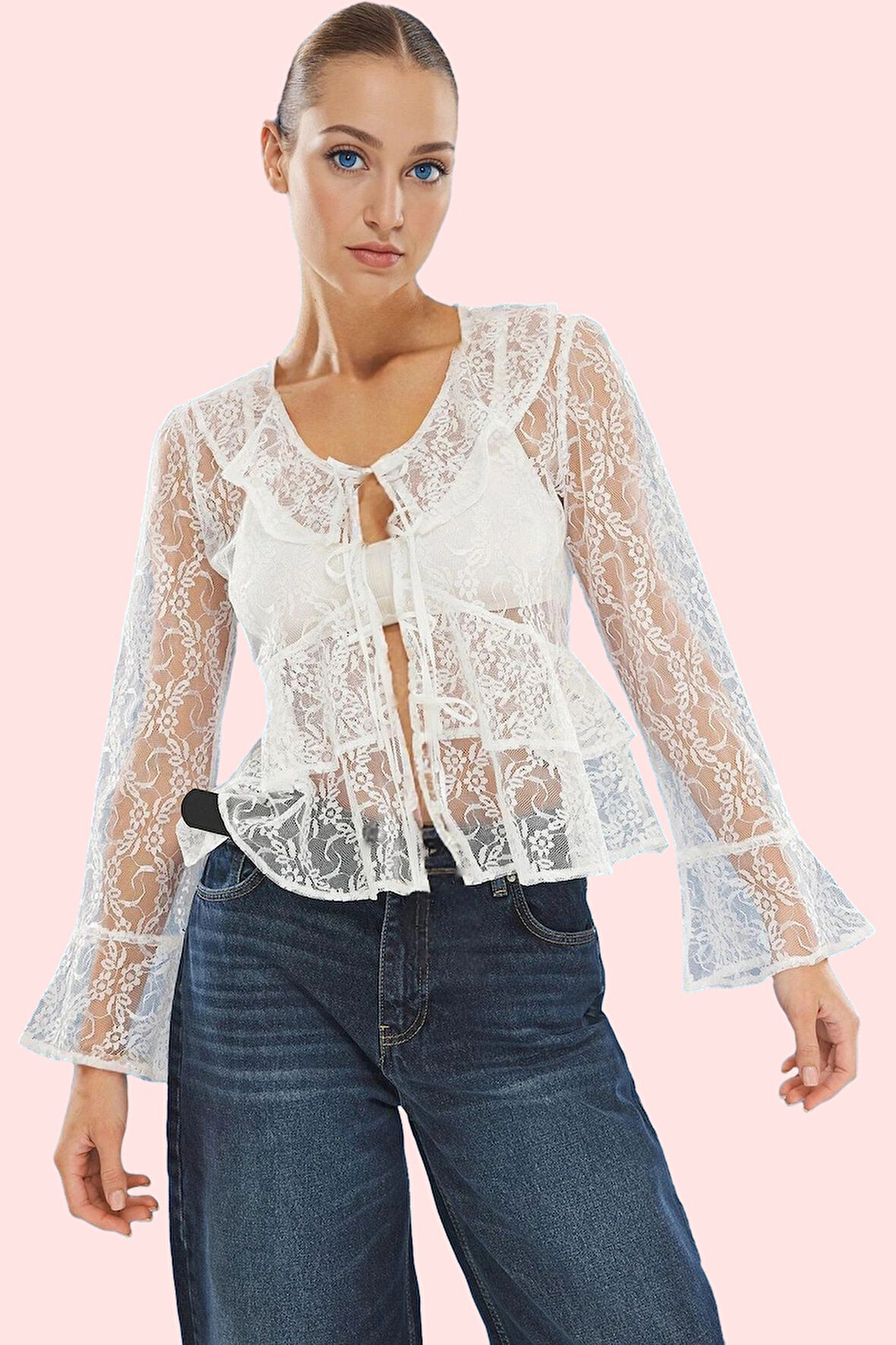 Kadın Dantel Bluz V Yaka Uzun Kollu Dokuma Kumaş Günlük Stil Hafta Sonu Yaz Aylarının Vazgeçilmezi