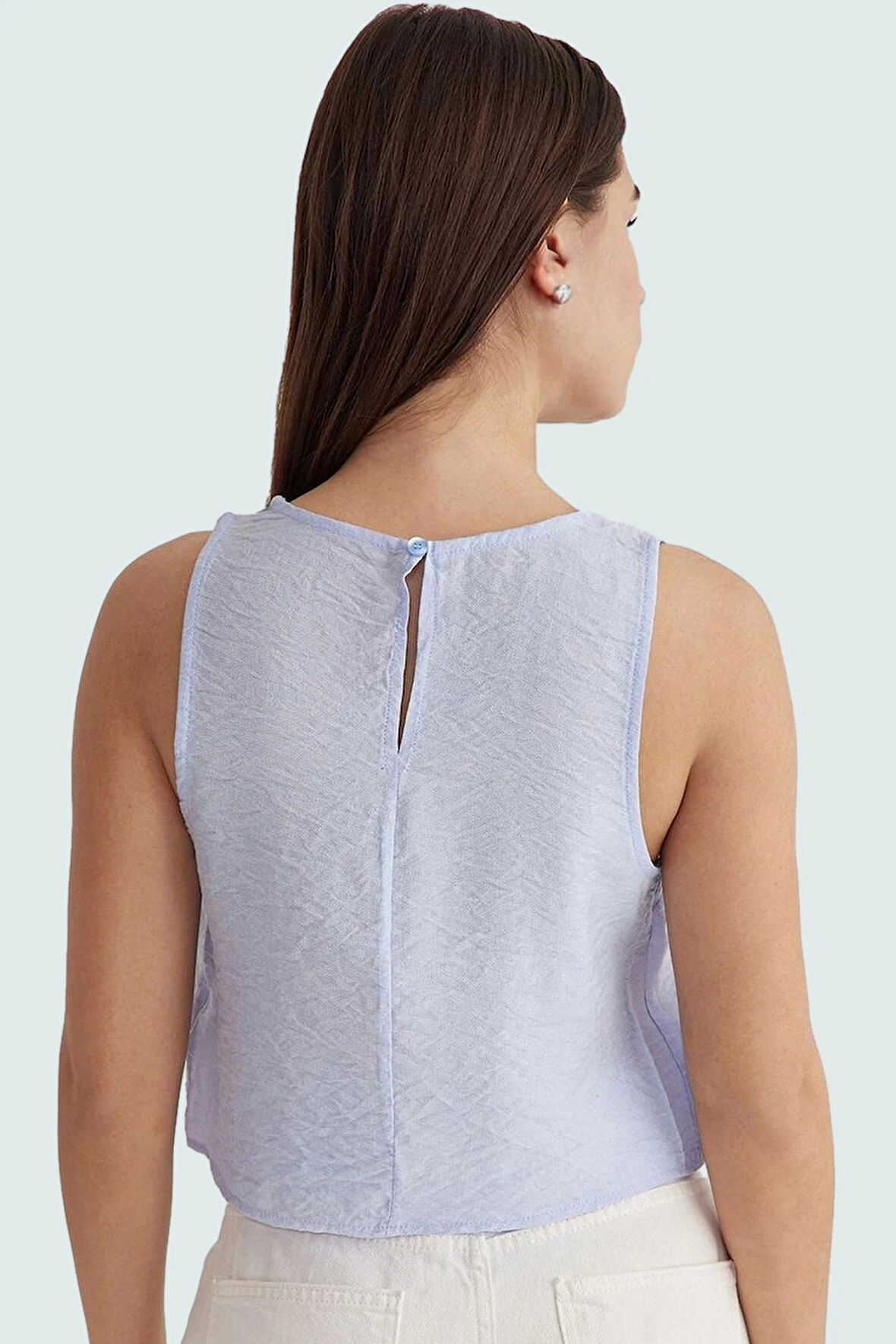 Bisiklet Yaka Kolsuz Crop Bluz 100 Polyester Aerobin Dokuma Yazlık Günlük Şık Görünüm Modern Stil