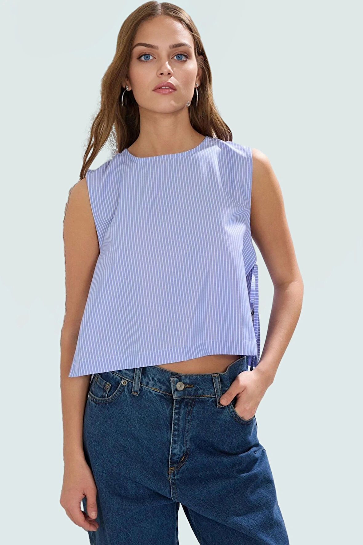 Kolsuz Çizgili Bluz Oversize Terrycotton Kumaş Bisiklet Yaka Yazlık Crop Kaliteli İşçilik