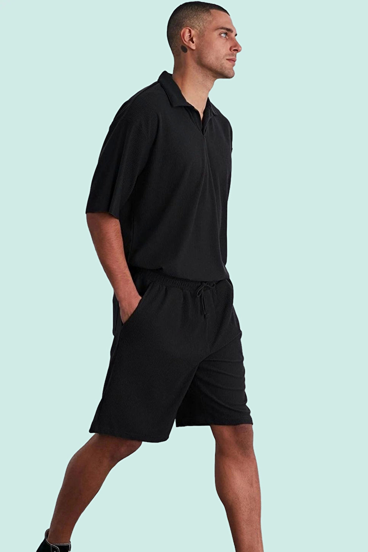 Erkek Kısa Boy Normal Bel Geniş Paça Şort Ottoman Dokuma Polyester Elastan Günlük Hafta Sonu