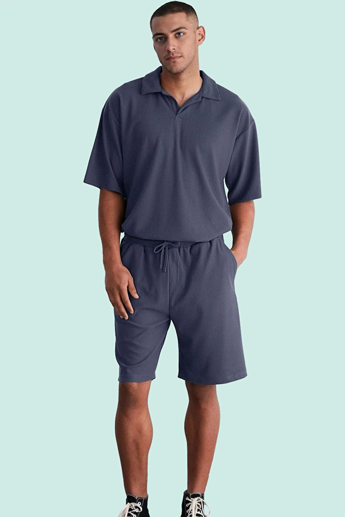 Erkek Kısa Boy Normal Bel Geniş Paça Şort Ottoman Dokuma Polyester Elastan Günlük Hafta Sonu