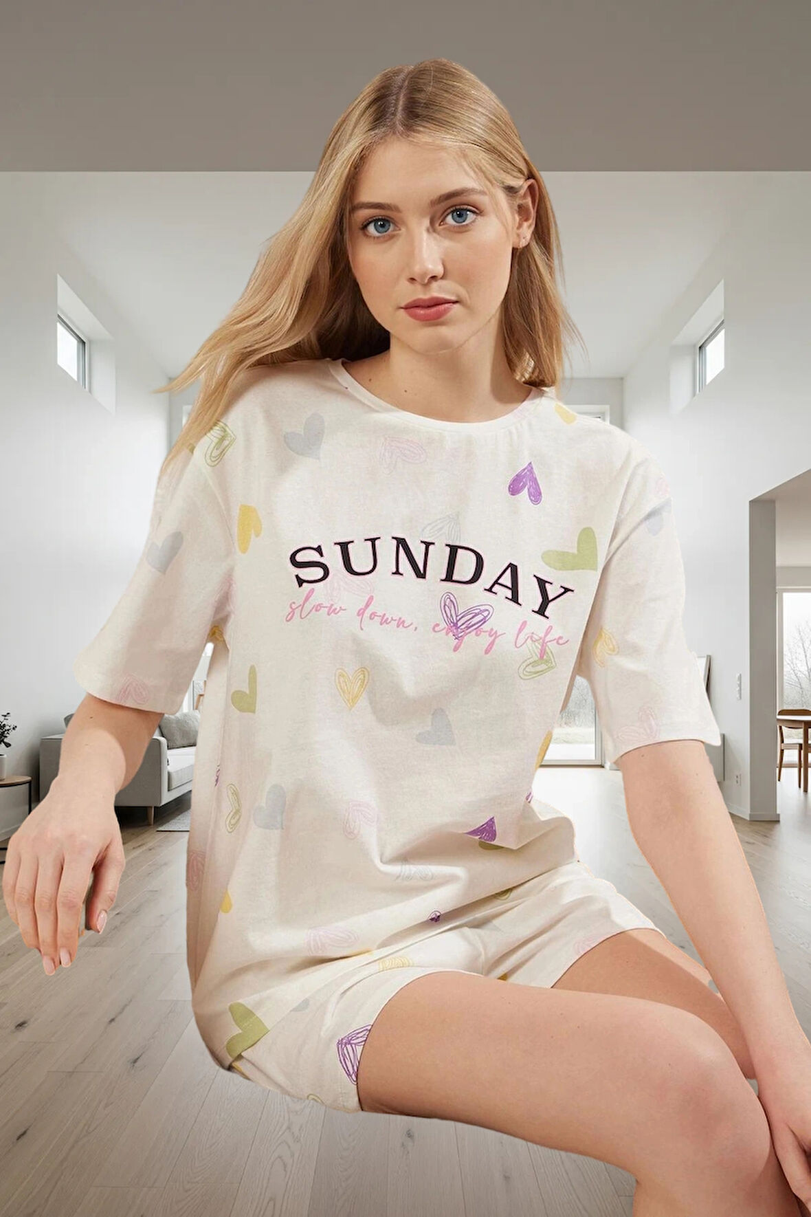 Kalpli Desenli Pamuk Pijama Takımı Yaz İçin İdeal Rahatlık Zarifane Tasarım Modern Stil