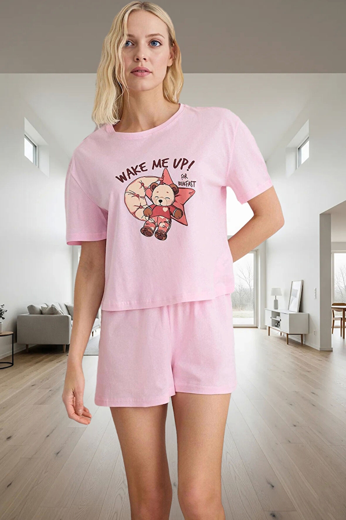 Yazlık Homewear Rahat Pijama Takımı Ayıcıklı Desen %100 Pamuk Profesyonel Görünüm