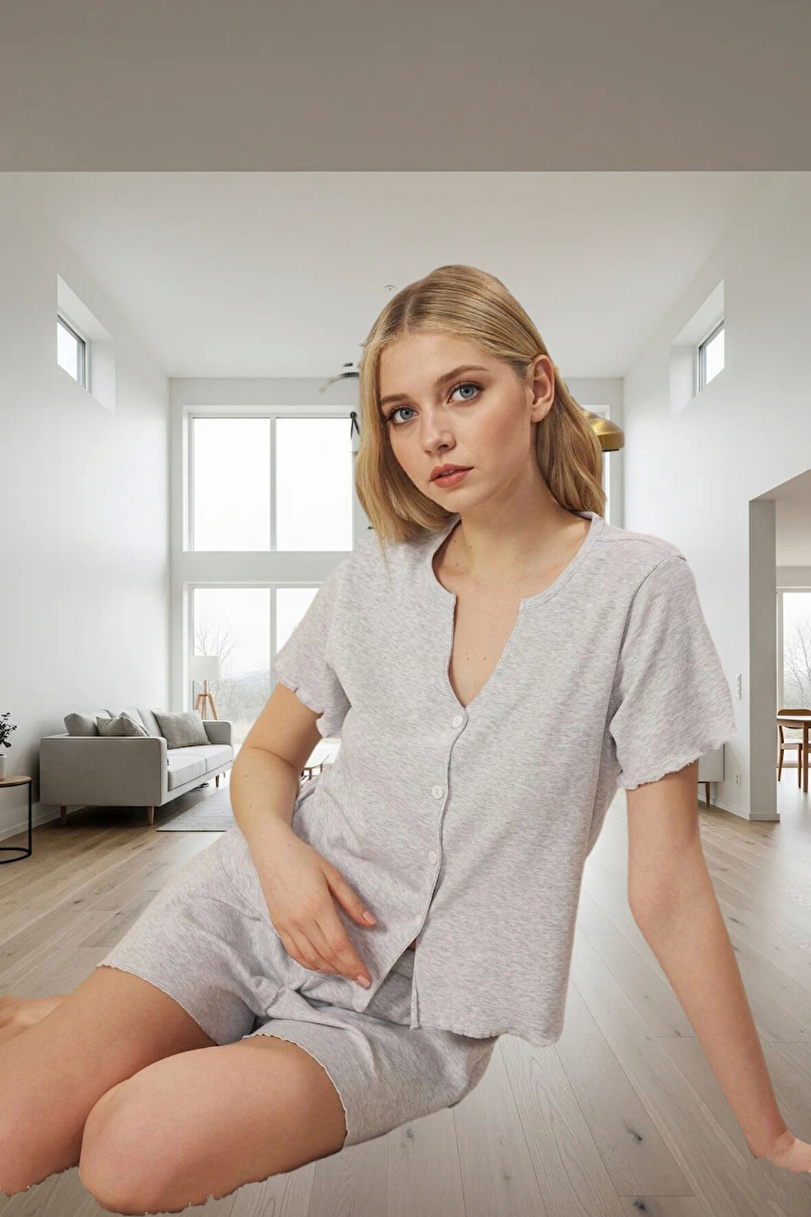 Örme Kumaştan Rahat Pijama Takımı Düğmeli Gömlek ve Boru Paça Şort Profesyonel Görünüm