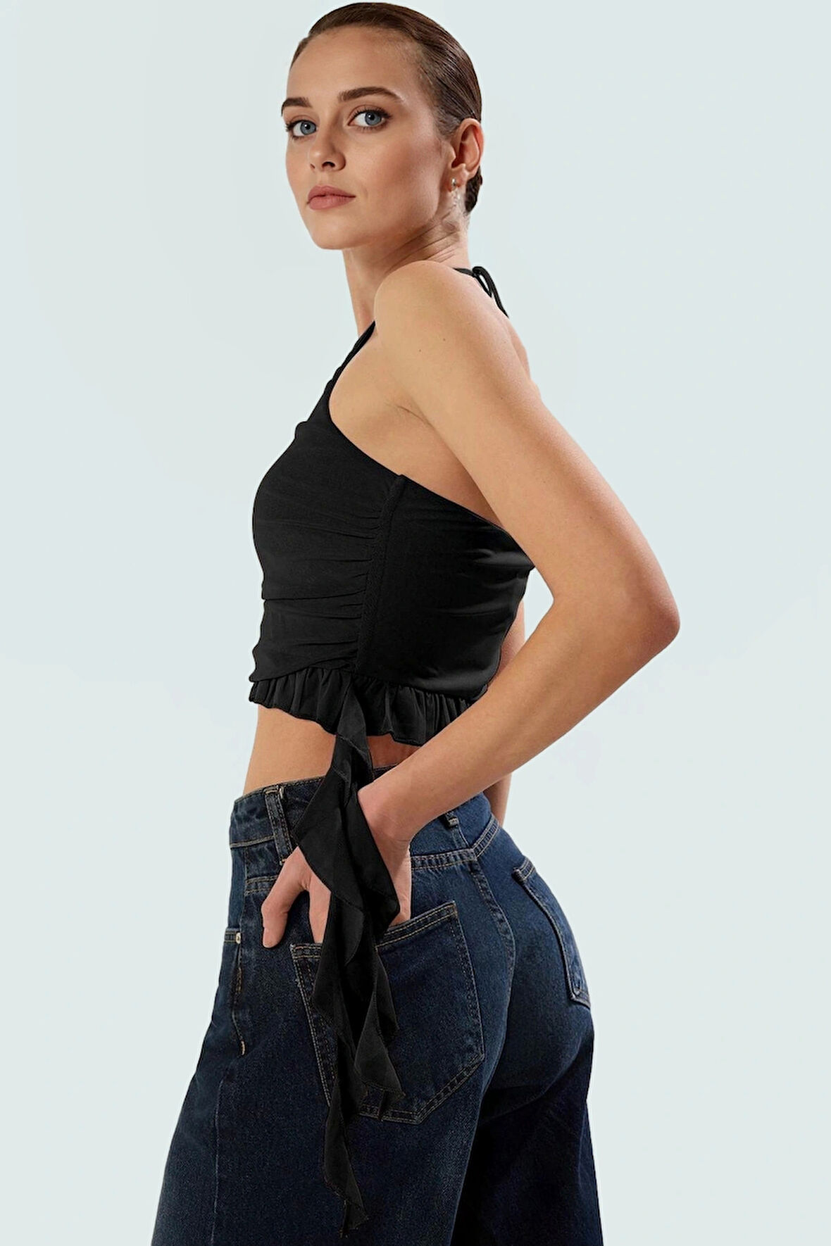 Yazlık Şık Bluz Halter Yaka Krop Fitted Örme Kumaş Profesyonel Görünüm Trend Tasarım