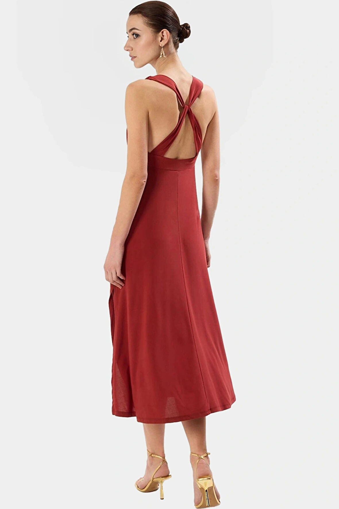 Aksesuar Detaylı V Yaka Bodycon Elbise Örme Kumaş Midi Boy Nefes Alabilir Kaliteli İşçilik