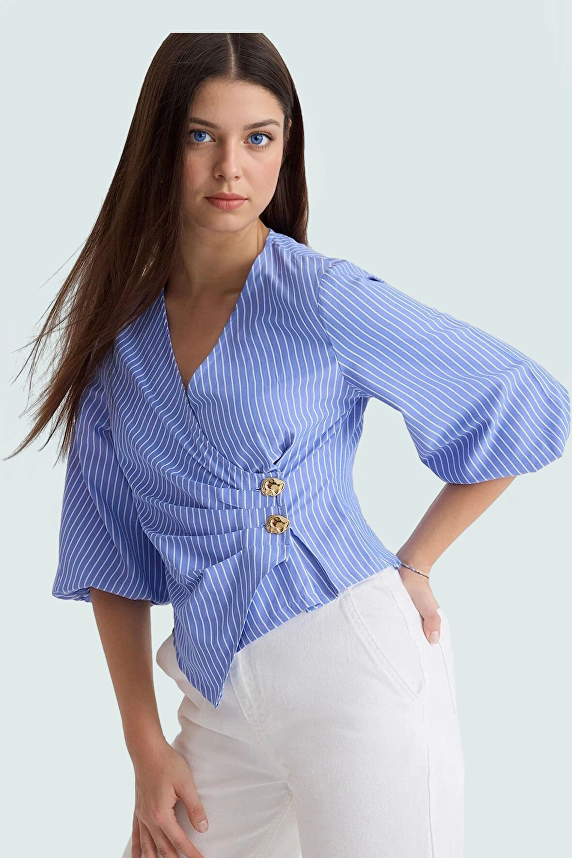 V Yaka Bluz Terrycotton Kumaş Fitted Kalıp Çizgili Günlük Kaliteli İşçilik Şık Görünüm