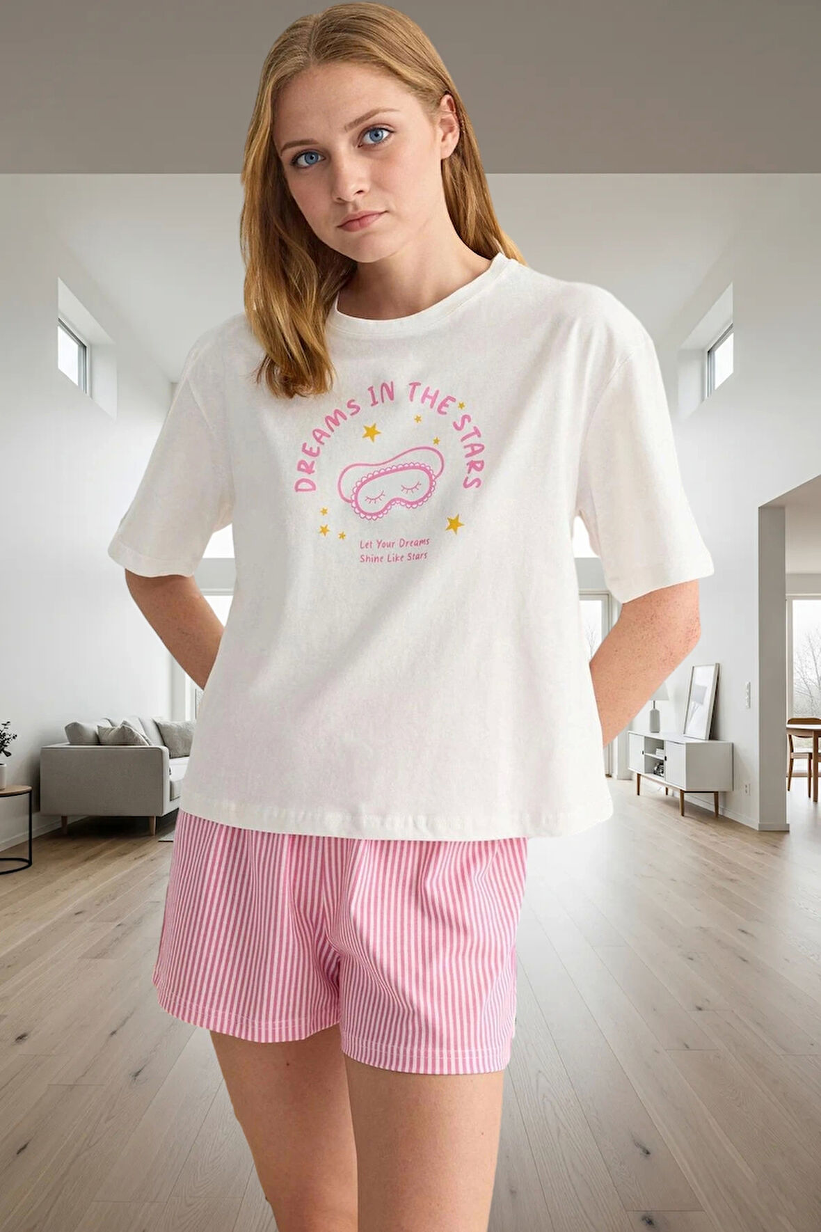 Yaz İçin 3lü %100 Pamuklu Şortlu Pijama Takımı Regular Kalıp Çizgili Desen Özel Tasarım