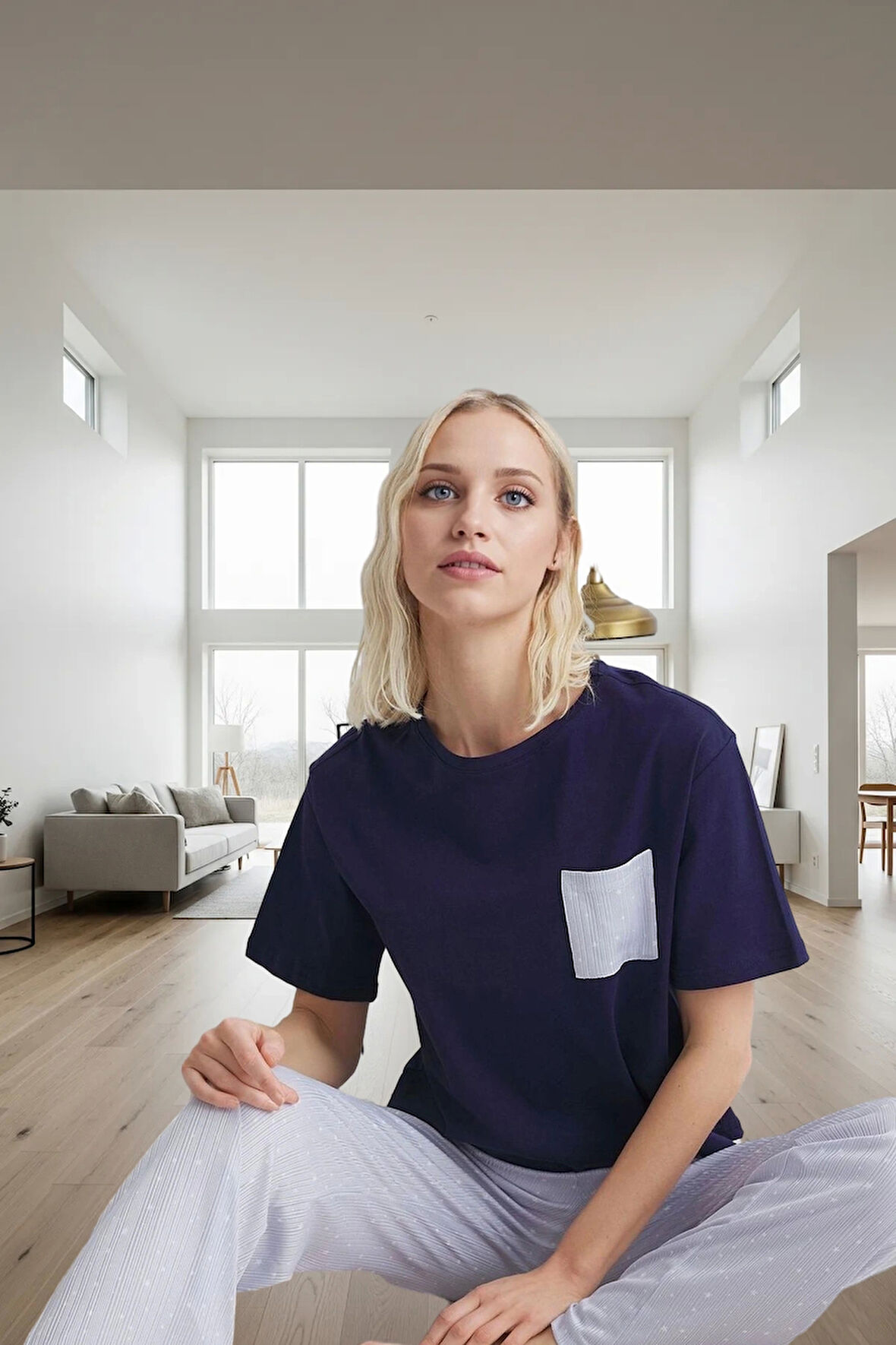 İlkbahar Sonbahar Homewear Pijama Takımı Pamuklu Cepli ve Regular Konforlu Kesim