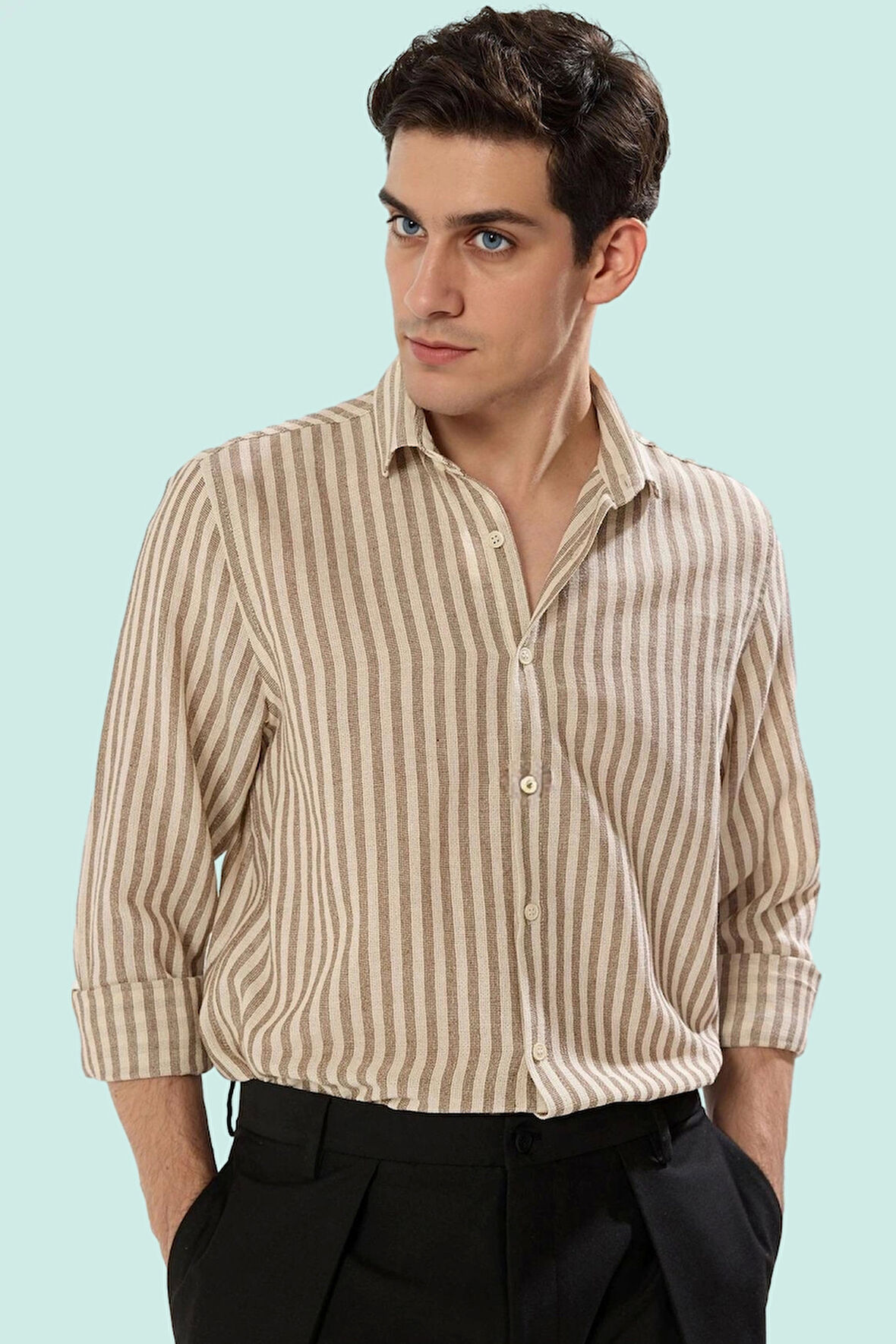 Erkek Premium Dokuma Gömlek Çizgili Desen Rahat Günlük Stil Hafta Sonu Yaz Aylarının Vazgeçilmezi