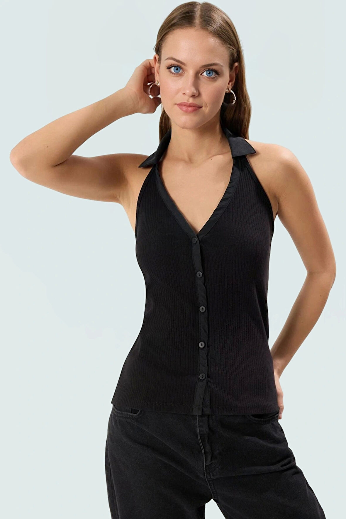 Pamuklu Kaşkorse Örme Bluz Renk Kolsuz Polo Yaka Fitted Fermuarlı Konforlu Kesim